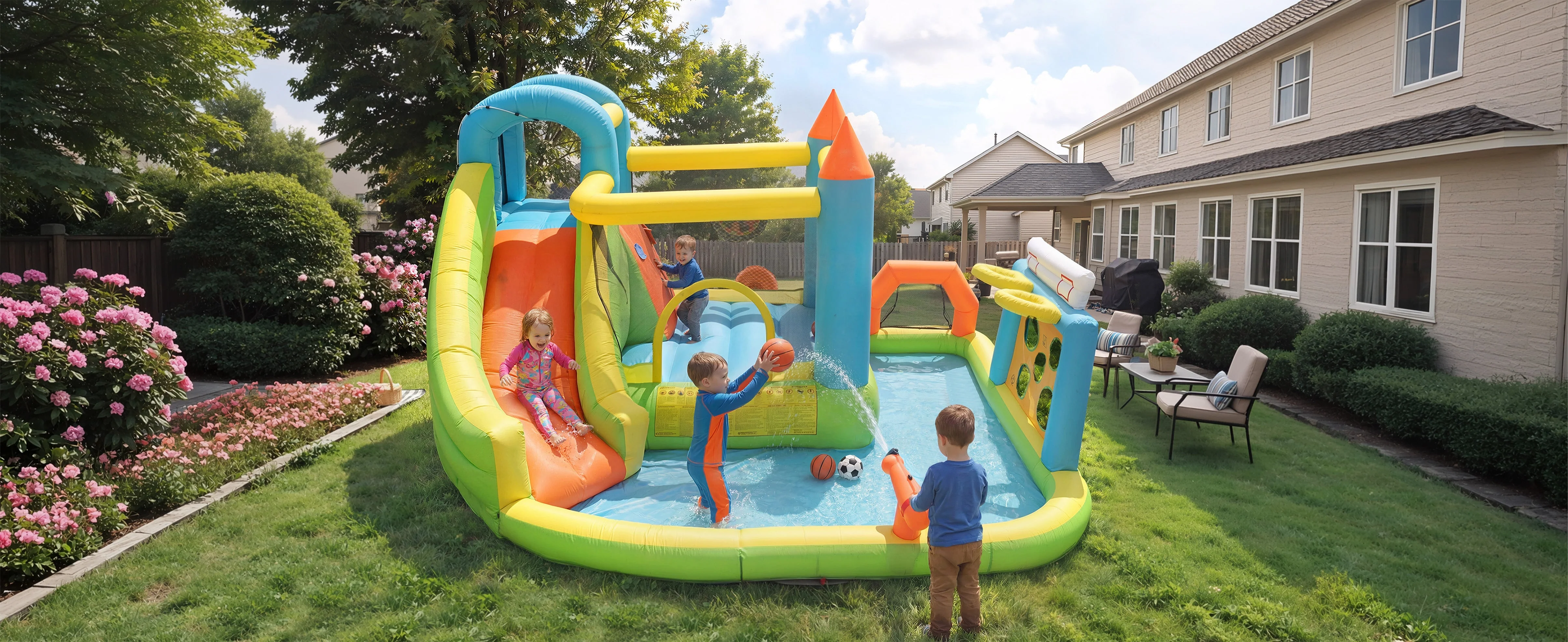 Inflatable Bouncy Castle with Slide, Water Pool and Basketball Hoop, 360x320x200cm, Multicolor - Image 6