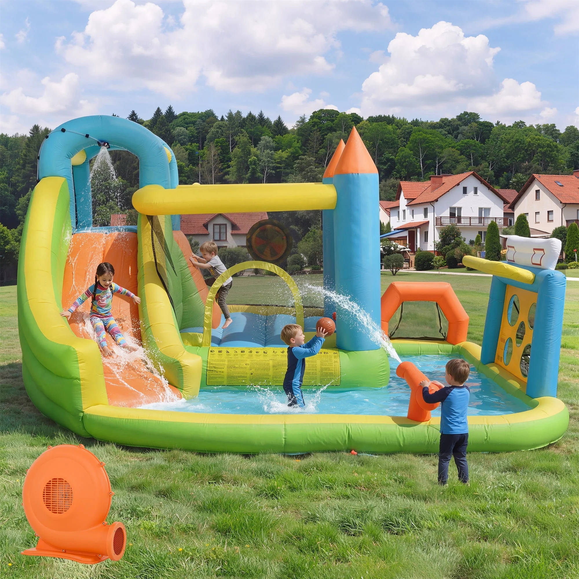 Inflatable Bouncy Castle with Slide, Water Pool and Basketball Hoop, 360x320x200cm, Multicolor - Image 8