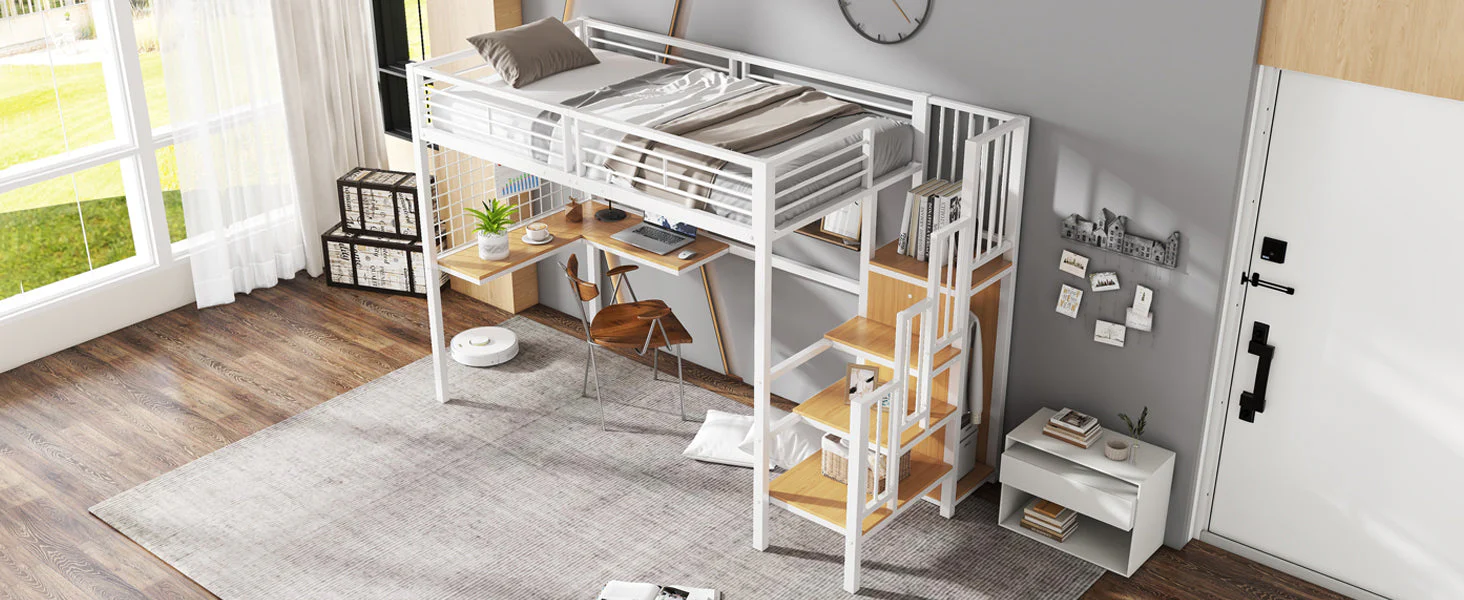 Iron Bed, Bunk/Loft with Table & Wardrobe, White + Natural - Image 10