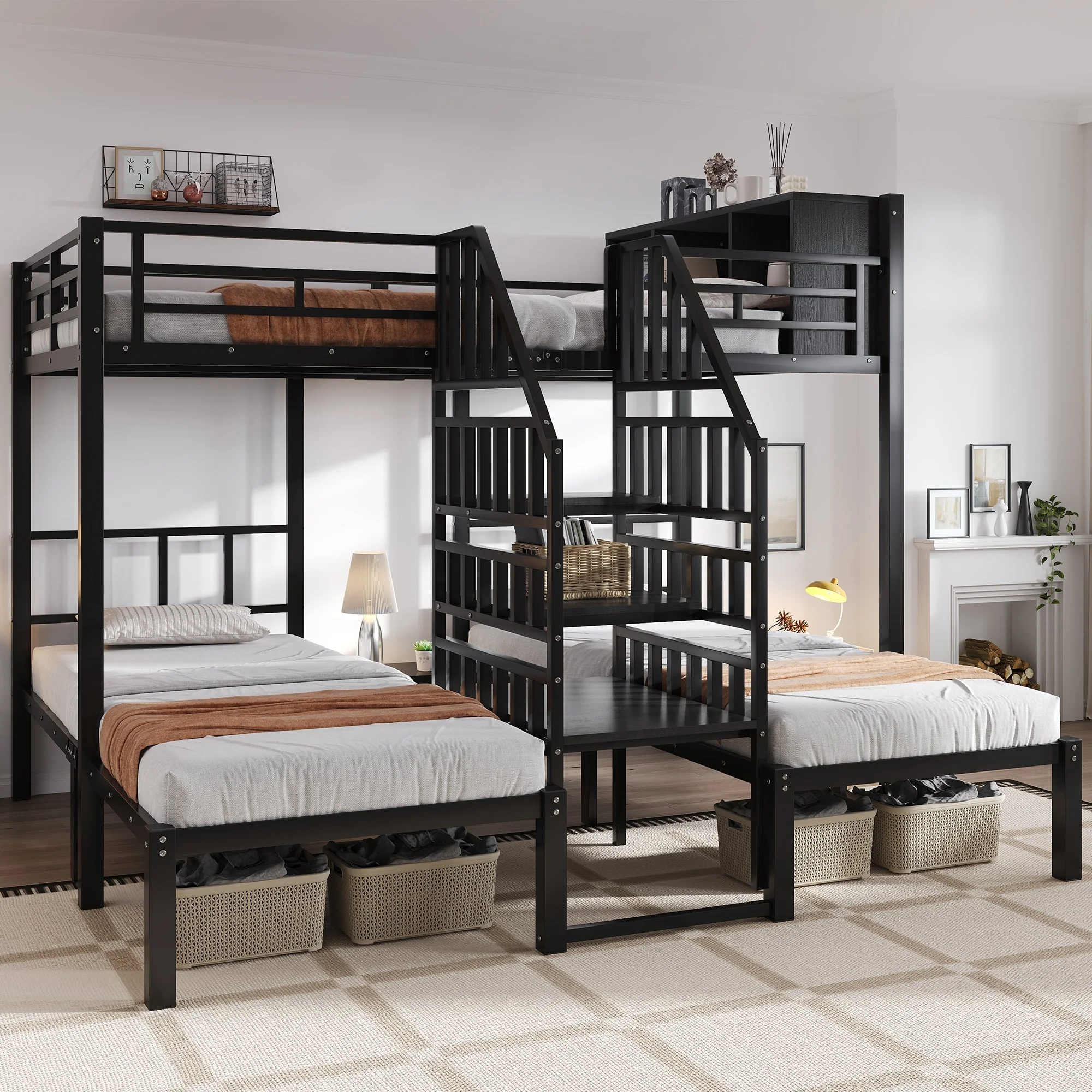 Iron Bunk Bed 3-Sleeper with Storage Stairs 90x200/140x200cm, Black