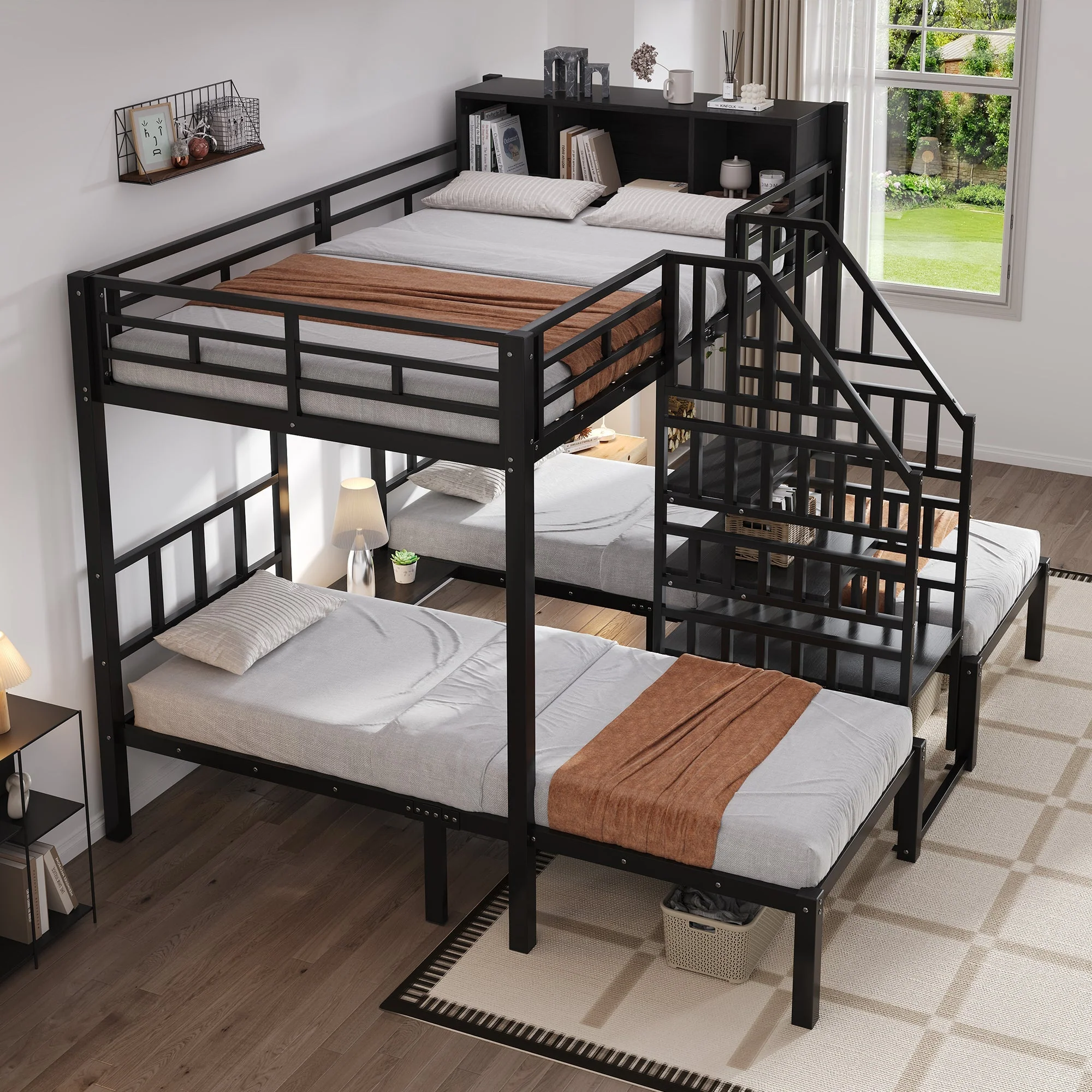 Iron Bunk Bed 3-Sleeper with Storage Stairs 90x200/140x200cm, Black - Image 3