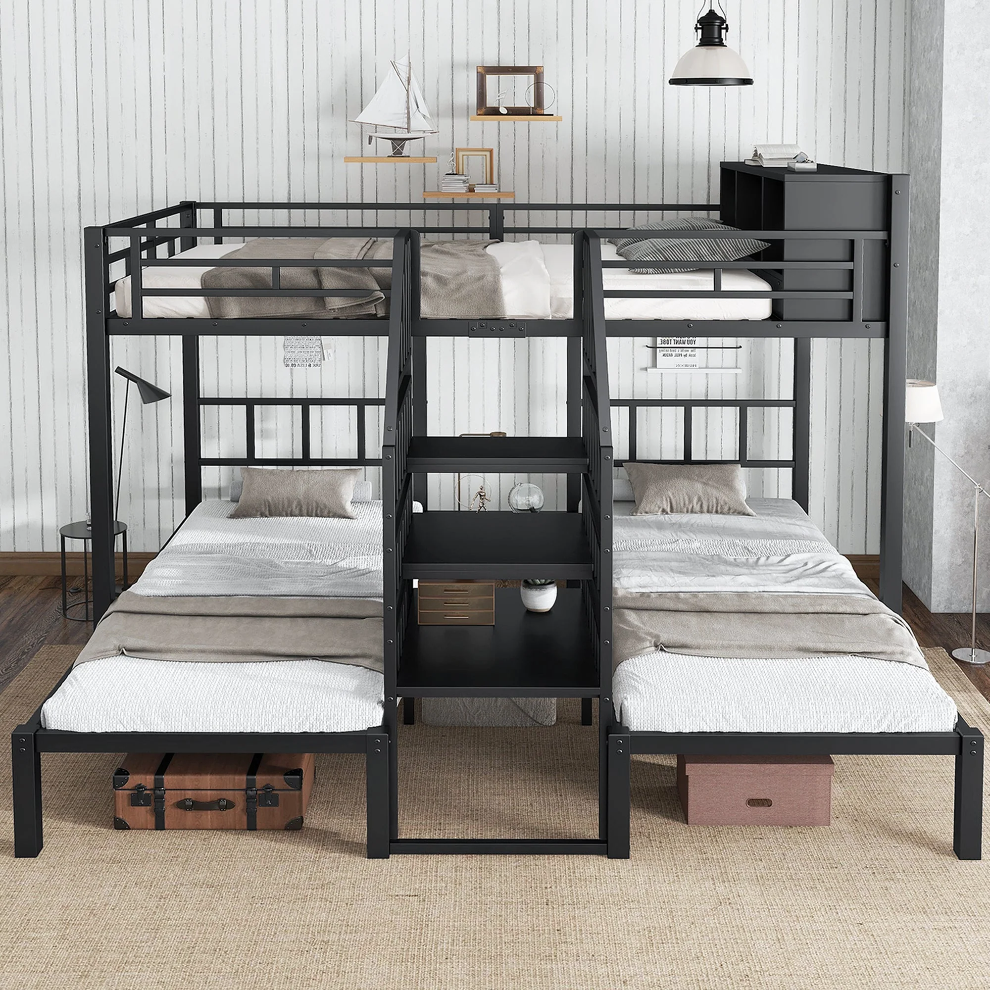 Iron Bunk Bed 3-Sleeper with Storage Stairs 90x200/140x200cm, Black - Image 5
