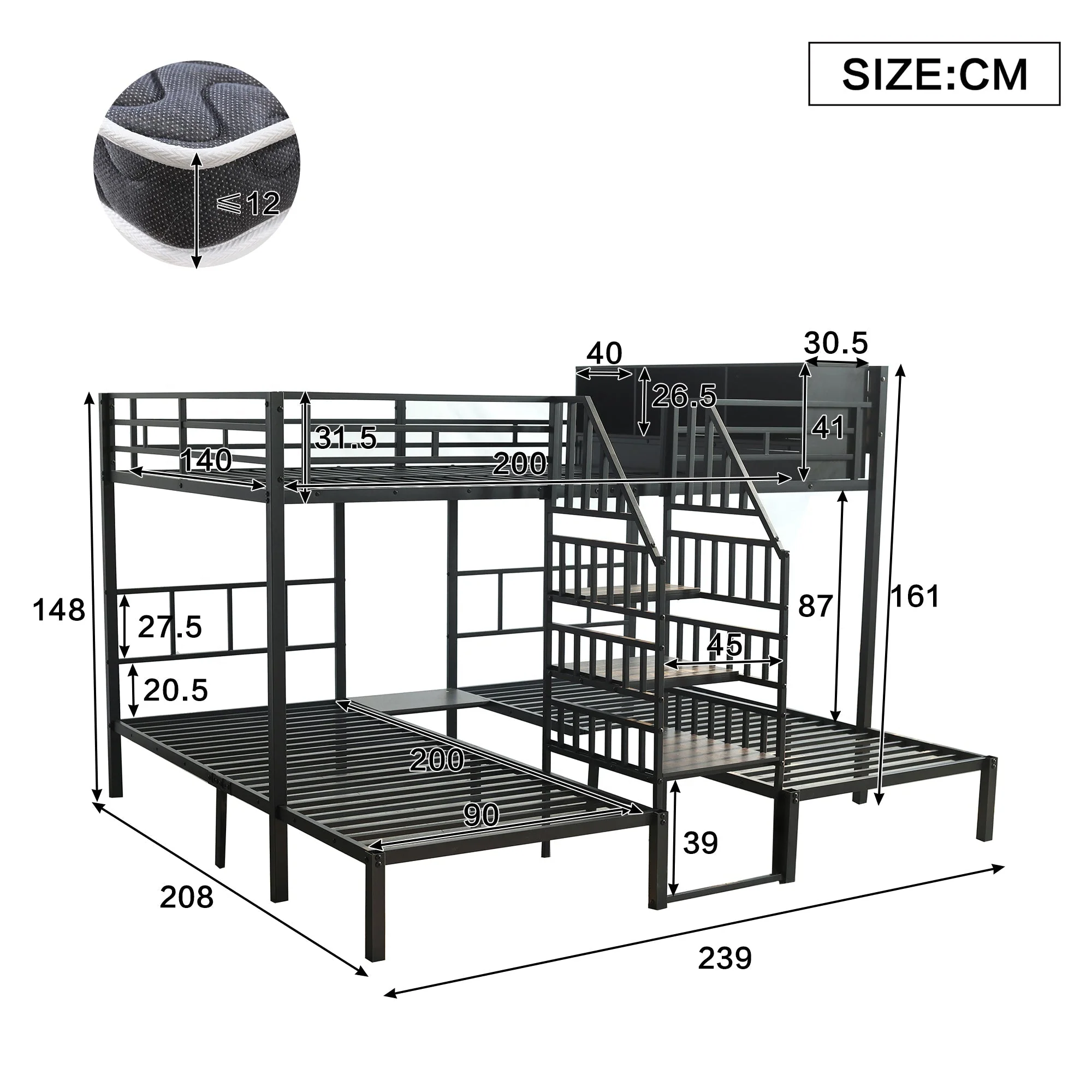 Iron Bunk Bed 3-Sleeper with Storage Stairs 90x200/140x200cm, Black - Image 7