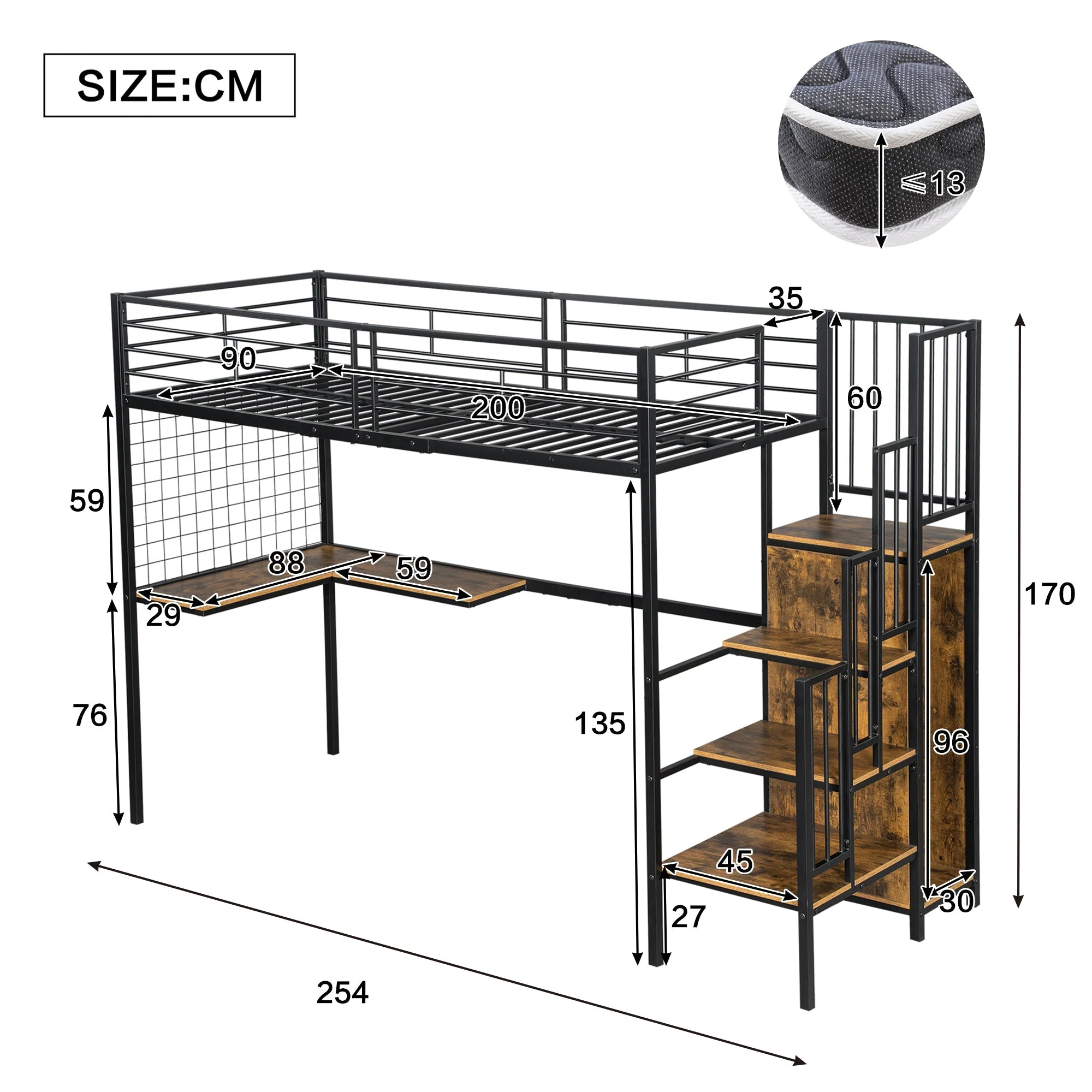Iron Bunk Bed, Loft Bed with Table & Wardrobe, 90x200cm, Black Iron & Dark Wood - Image 6