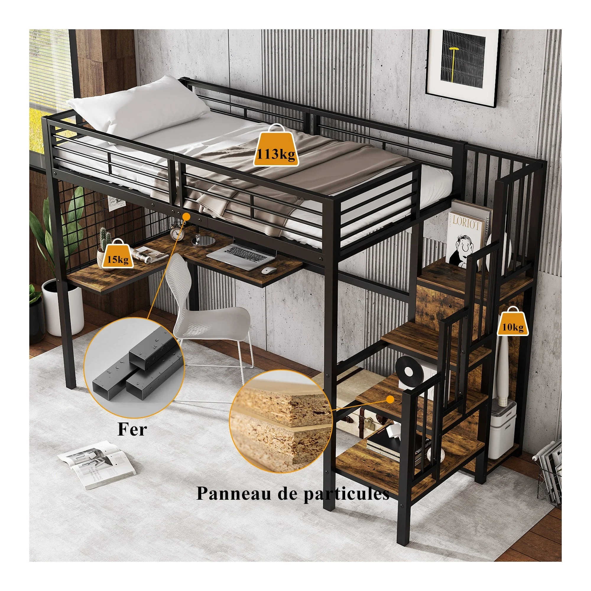 Iron Bunk Bed, Loft Bed with Table & Wardrobe, 90x200cm, Black Iron & Dark Wood - Image 7