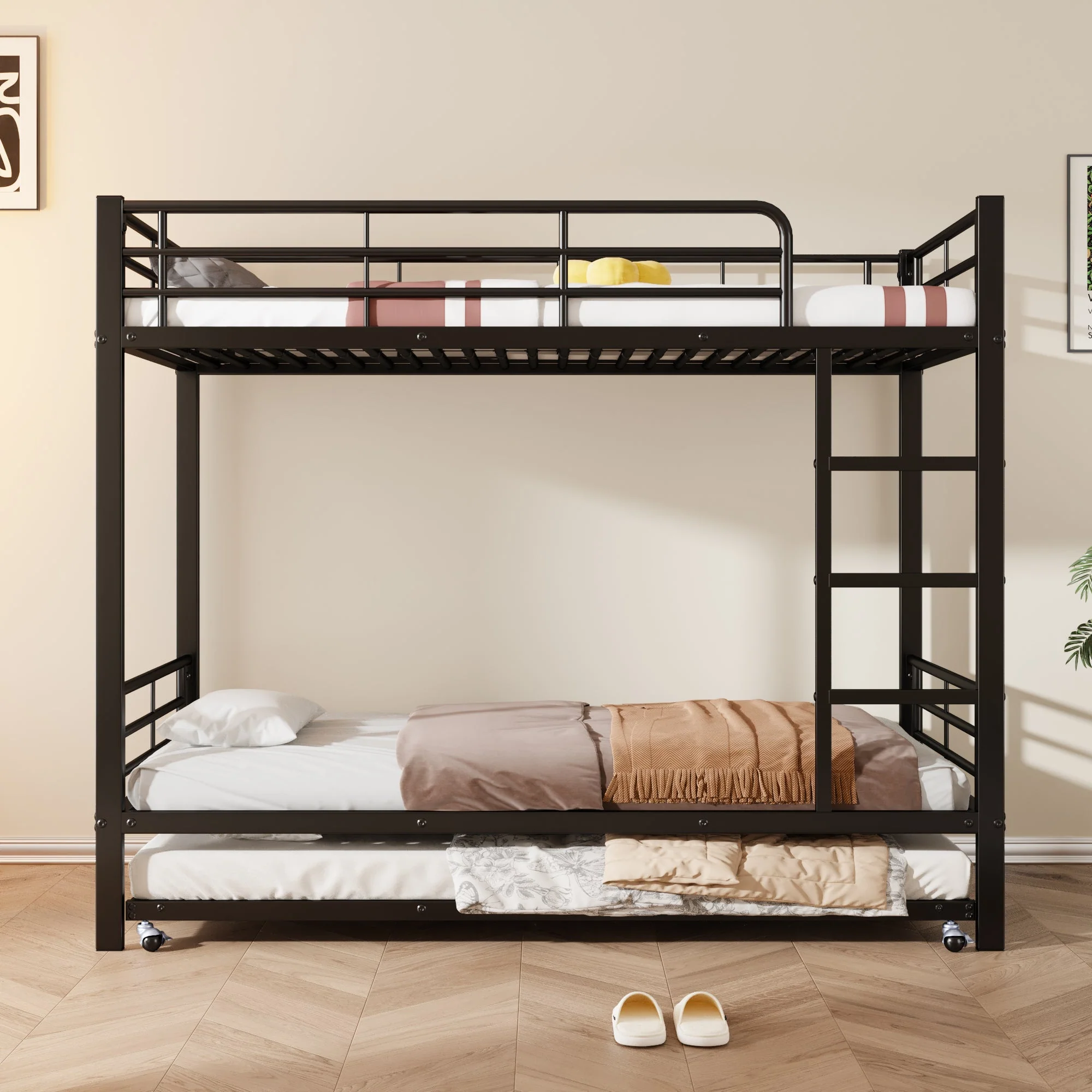 Iron Bunk Bed Pull-out Bed 4 Side Rails 90x200cm & 90x190cm, Black Metal - Image 2