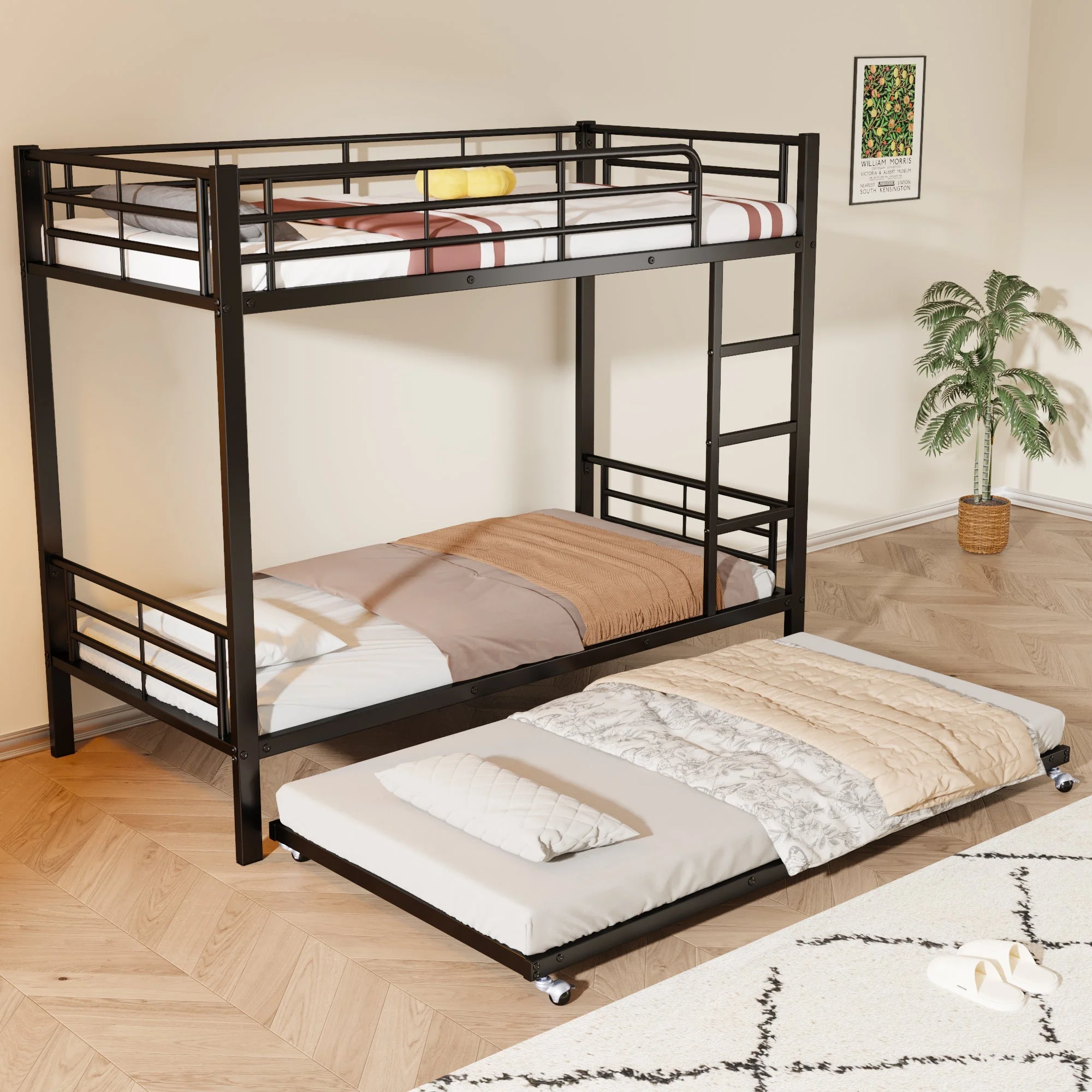Iron Bunk Bed Pull-out Bed 4 Side Rails 90x200cm & 90x190cm, Black Metal - Image 3
