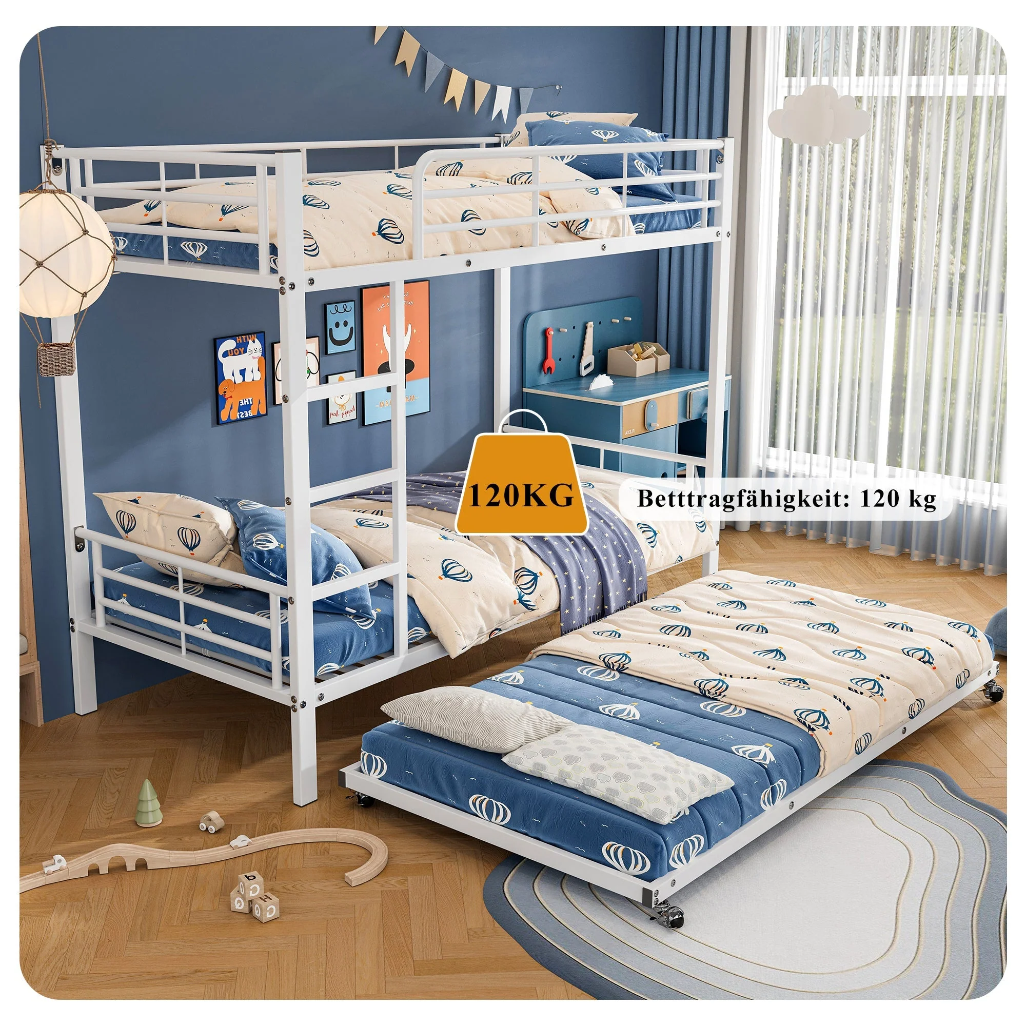 Iron Bunk Bed, Pull-out Bed, Side Rails, 90x200cm & 90x190cm, White - Image 5