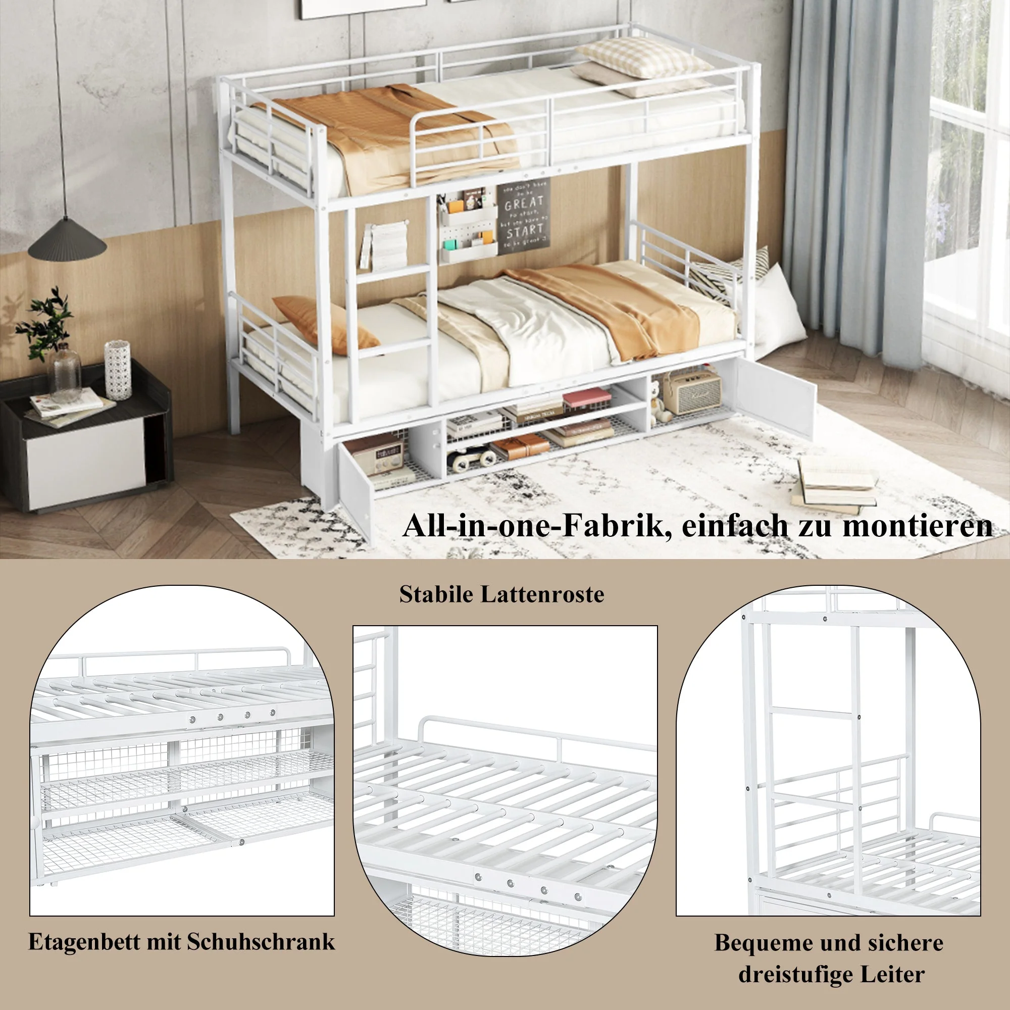 Iron Bunk Bed with Storage, Ladder, and Safety Rail, 90x200cm White - Image 6