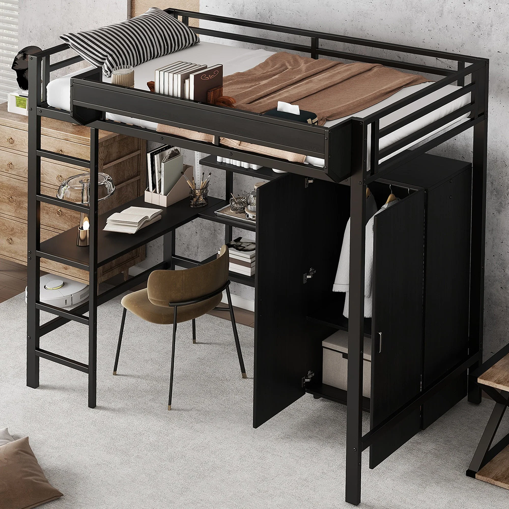 Iron Bunk Bed with Table, Wardrobe, Storage, 5-Step Ladder, 90x200cm - Black Iron/Chipboard - Image 3