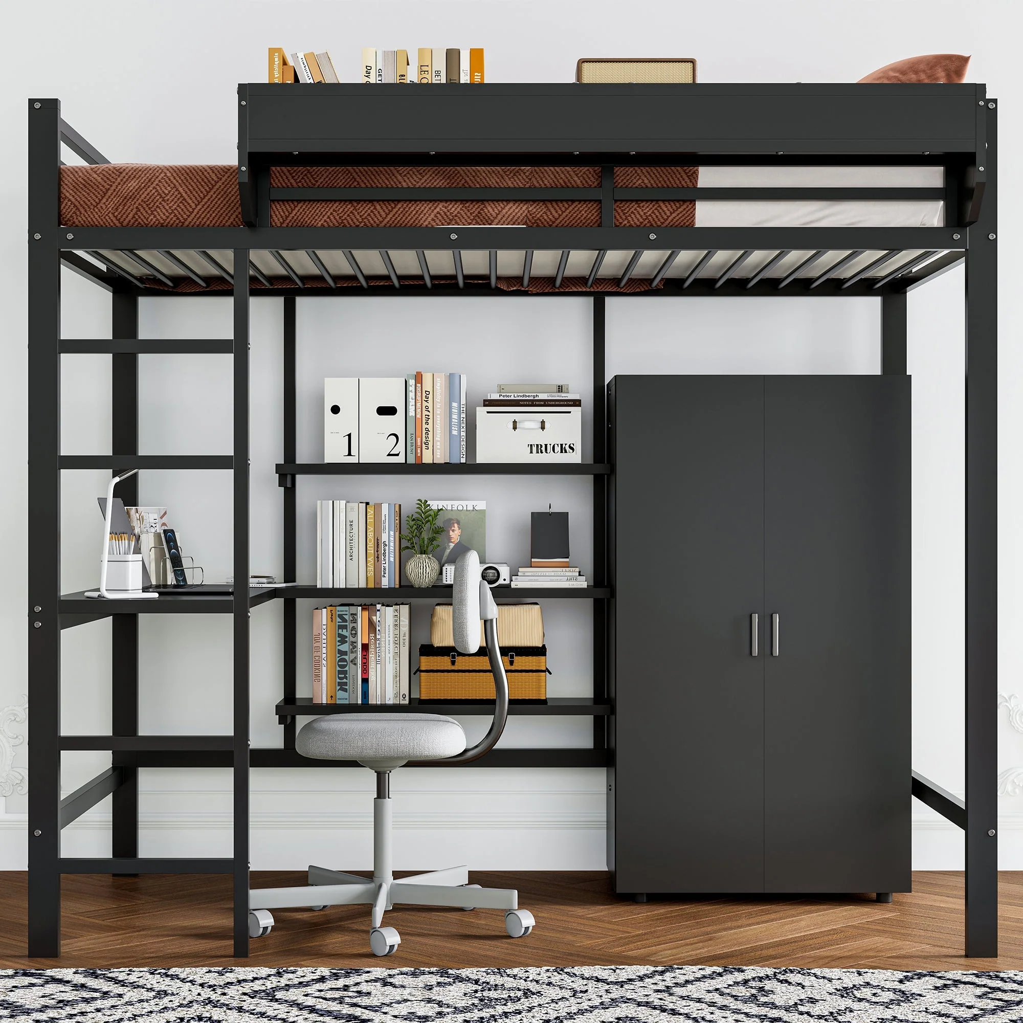 Iron Bunk Bed with Table, Wardrobe, Storage, 5-Step Ladder, 90x200cm - Black Iron/Chipboard - Image 4