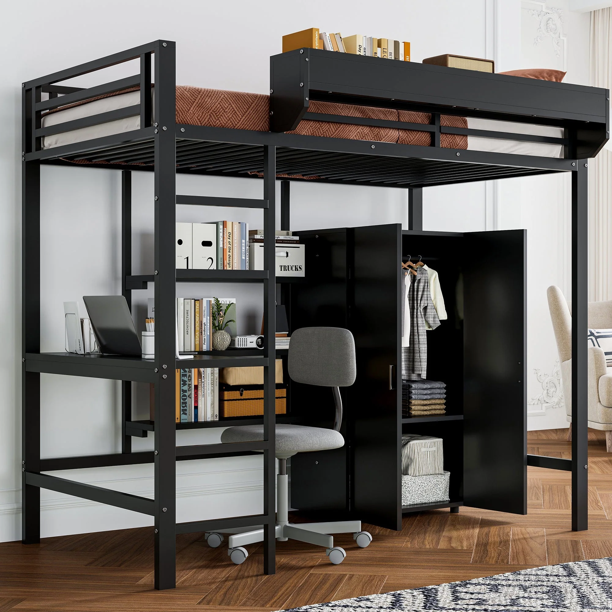 Iron Bunk Bed with Table, Wardrobe, Storage, 5-Step Ladder, 90x200cm - Black Iron/Chipboard - Image 5