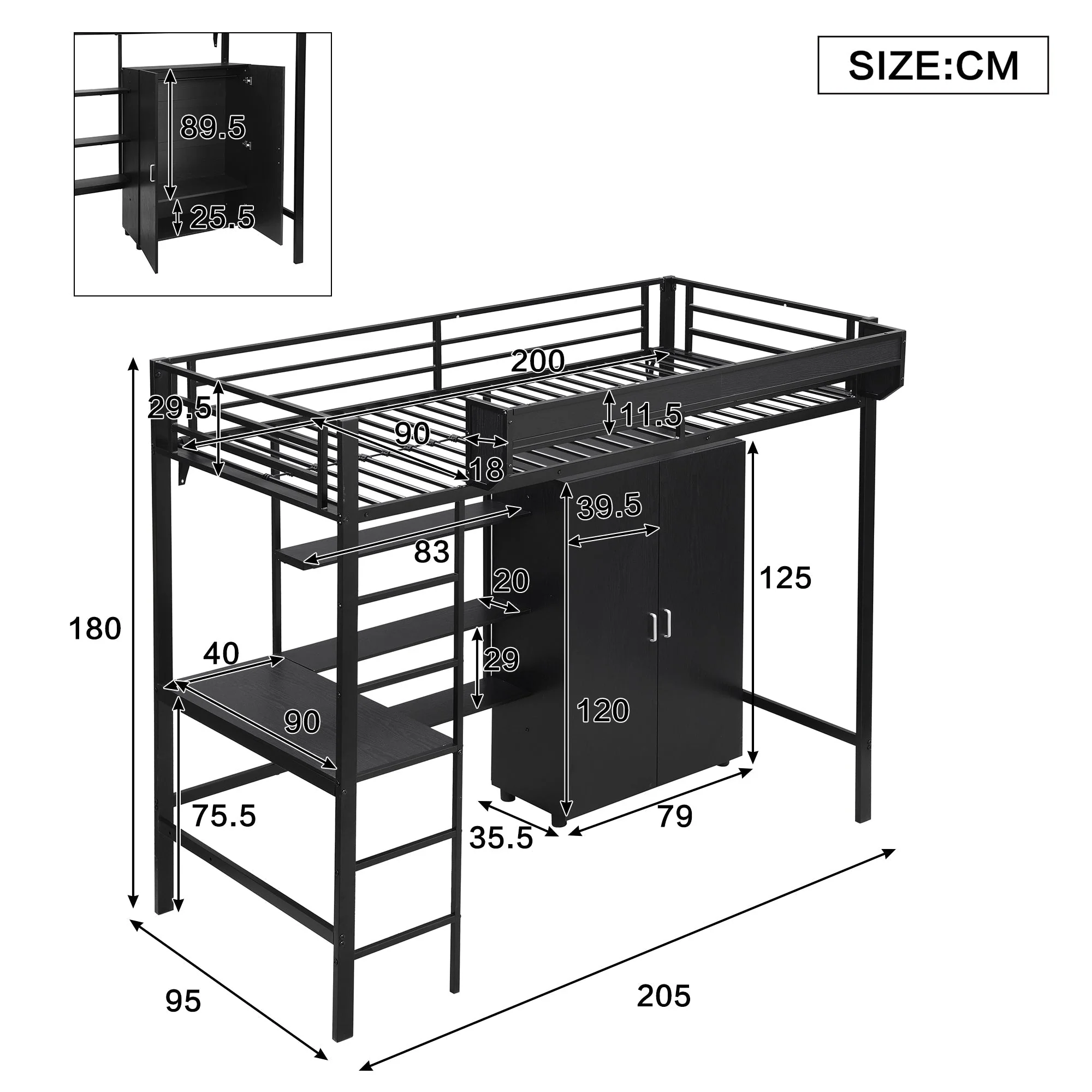 Iron Bunk Bed with Table, Wardrobe, Storage, 5-Step Ladder, 90x200cm - Black Iron/Chipboard - Image 7