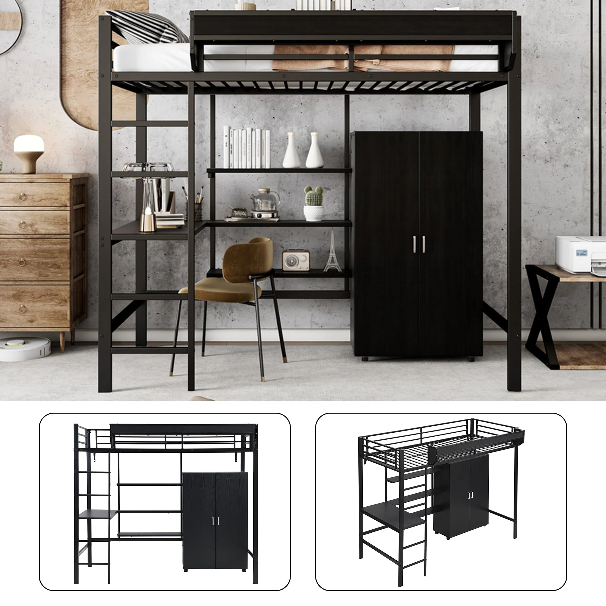 Iron Bunk Bed with Table, Wardrobe, Storage, 5-Step Ladder, 90x200cm - Black Iron/Chipboard - Image 8