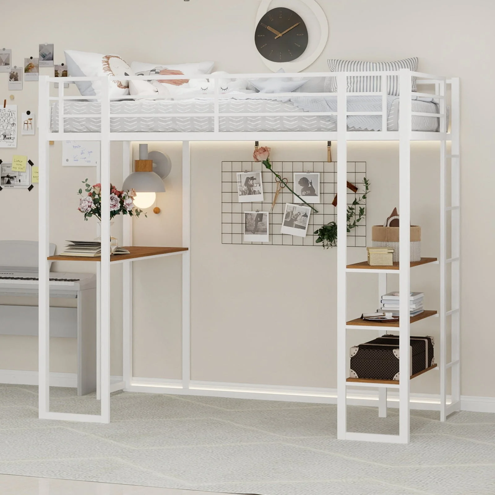 Iron Frame Bed, L-Shaped Desk, Railing, Stairs, Metal - Image 8