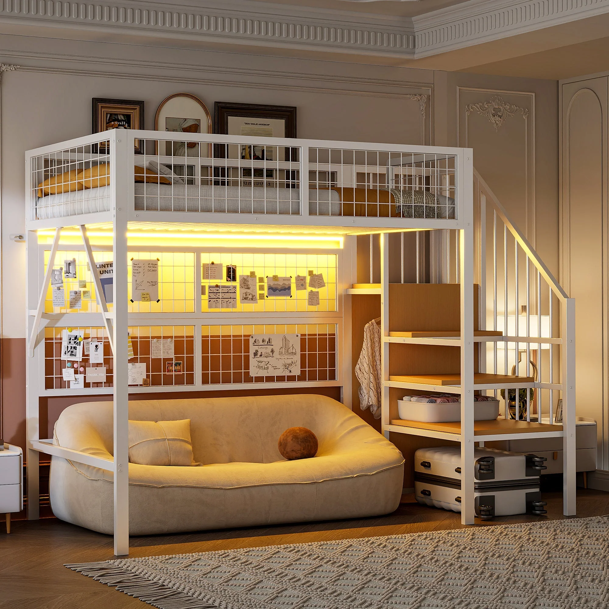 Iron Loft Bed, 90x200 with LED, Storage Stairs, Open Wardrobe, Black and White Metal - Image 2