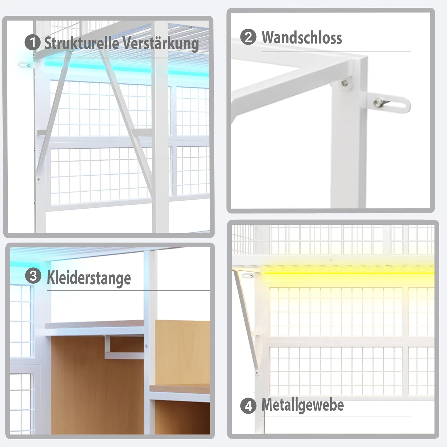 Iron Loft Bed, 90x200 with LED, Storage Stairs, Open Wardrobe, Black and White Metal - Image 6