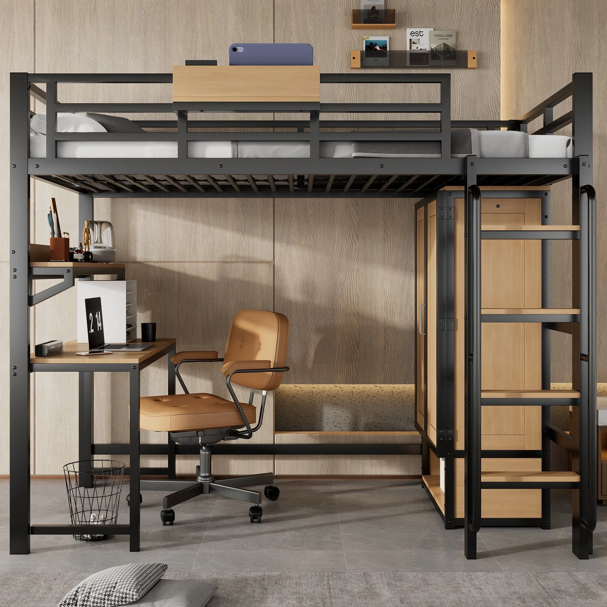 Iron Loft Bed, 90x200cm, Wardrobe Desk Stairs Storage, Black/Natural Iron + MDF - Image 2