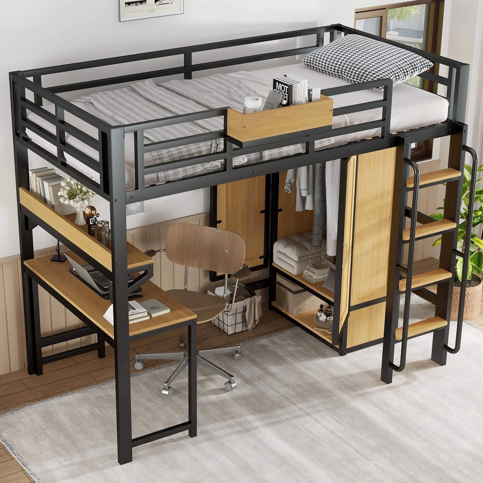 Iron Loft Bed, 90x200cm, Wardrobe Desk Stairs Storage, Black/Natural Iron + MDF - Image 5