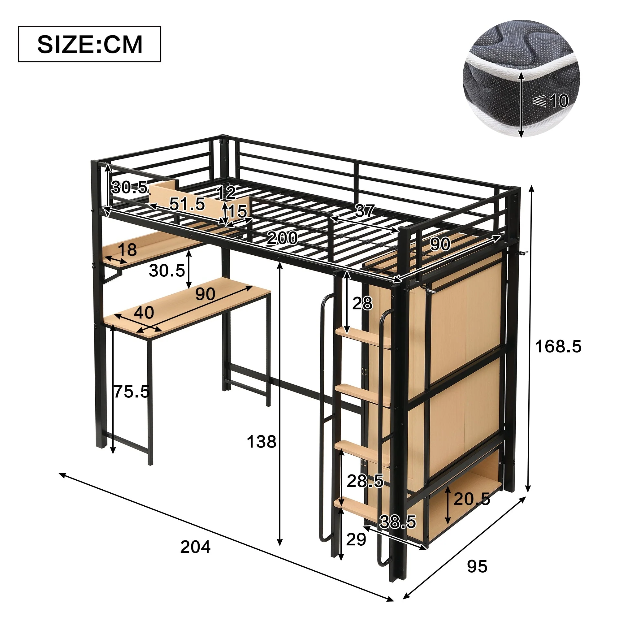 Iron Loft Bed, 90x200cm, Wardrobe Desk Stairs Storage, Black/Natural Iron + MDF - Image 7