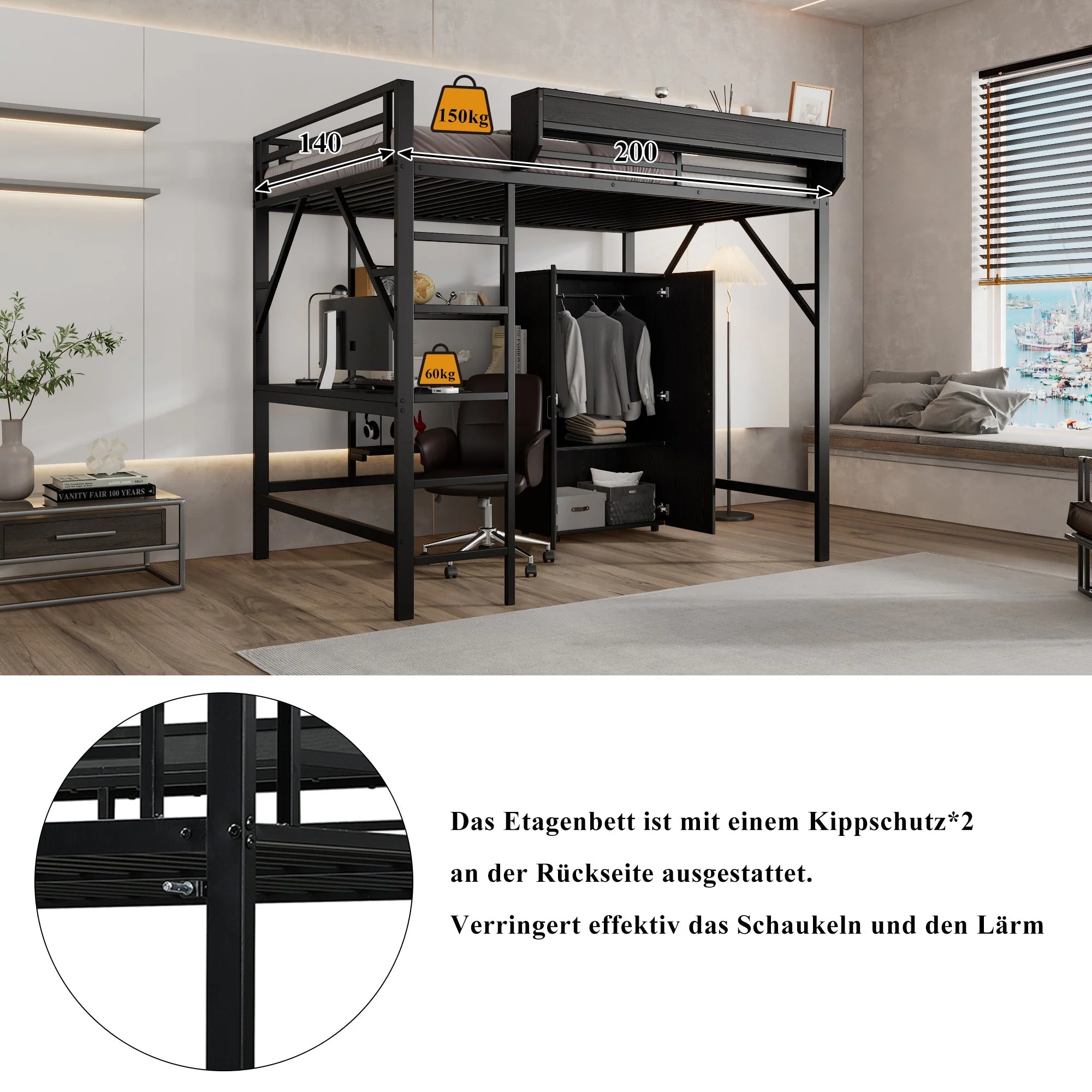 Iron Loft Bed with Desk, Storage and Wardrobe, Black Iron and MDF, 140x200cm - Image 10