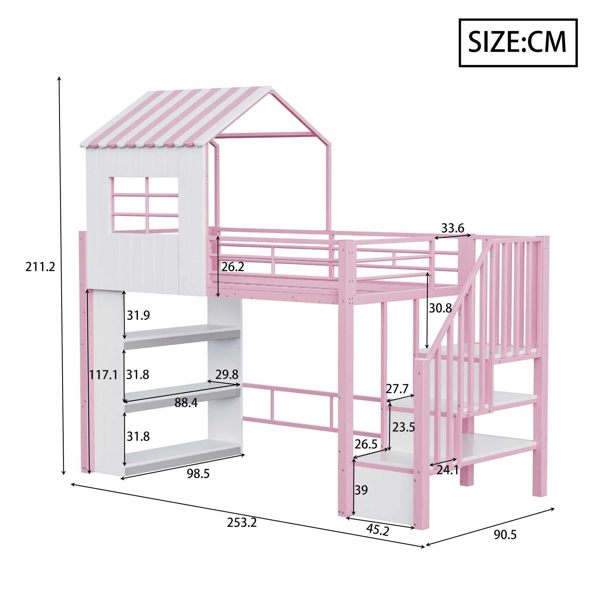 Iron Loft Bed with House Design, Storage Shelf and Safety Rail, 90x200cm, Pink Iron - Image 5