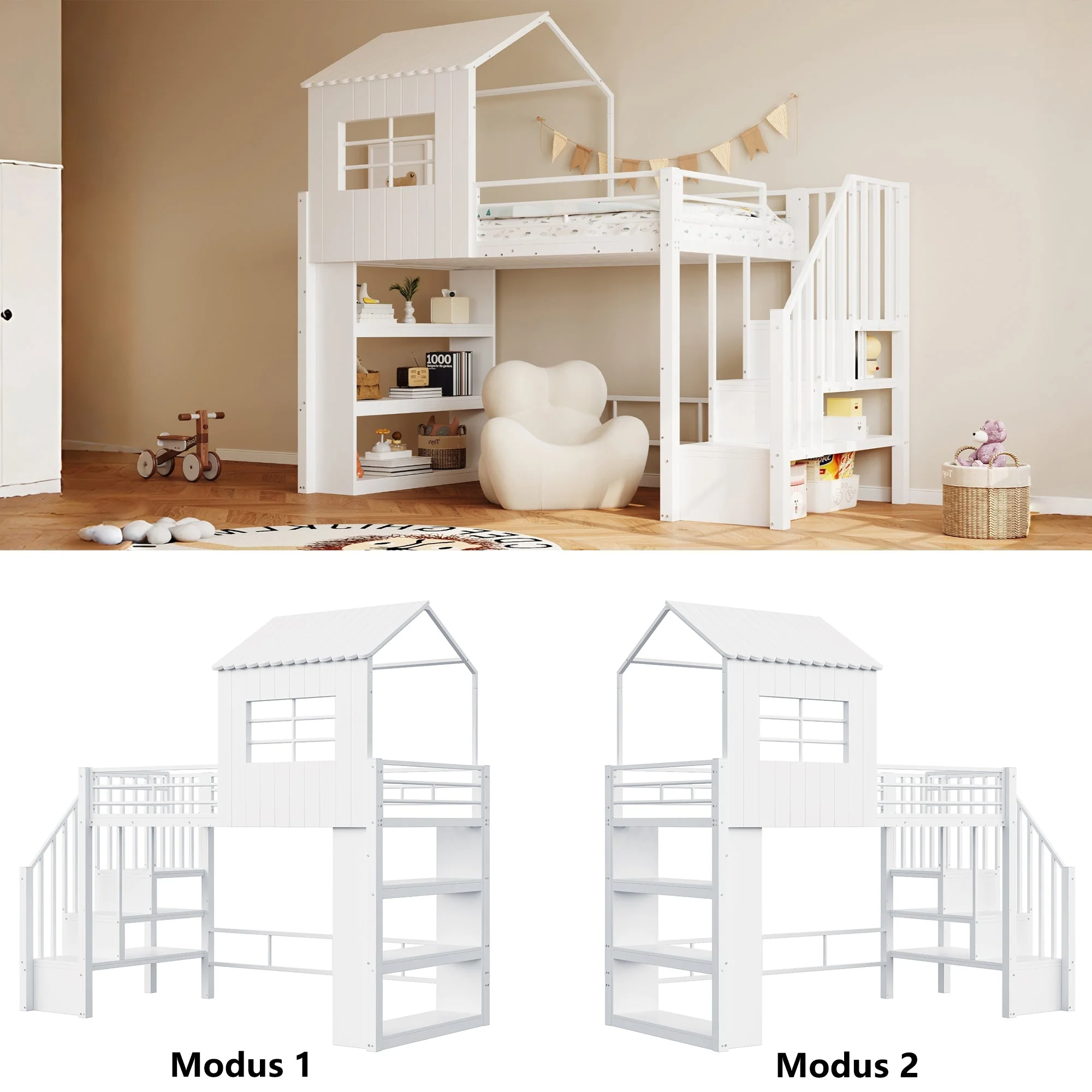 Iron Loft Bed with House Design, Storage Shelf and Safety Stairs, 90x200cm, White - Image 4