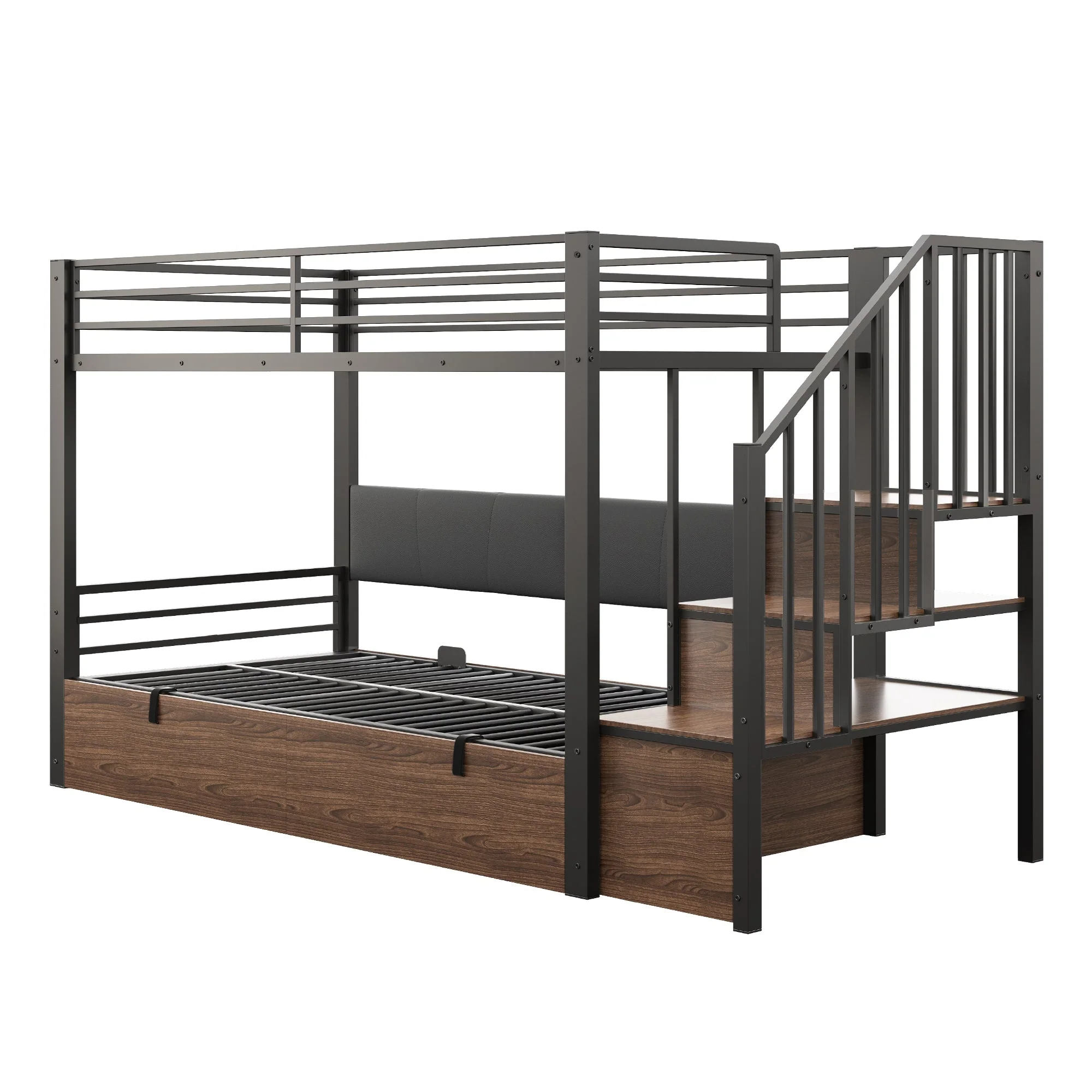Iron Loft Bed with Hydraulic Function, Padded Backrest and Safety Ladder, 90x200cm, Black PU - Image 9
