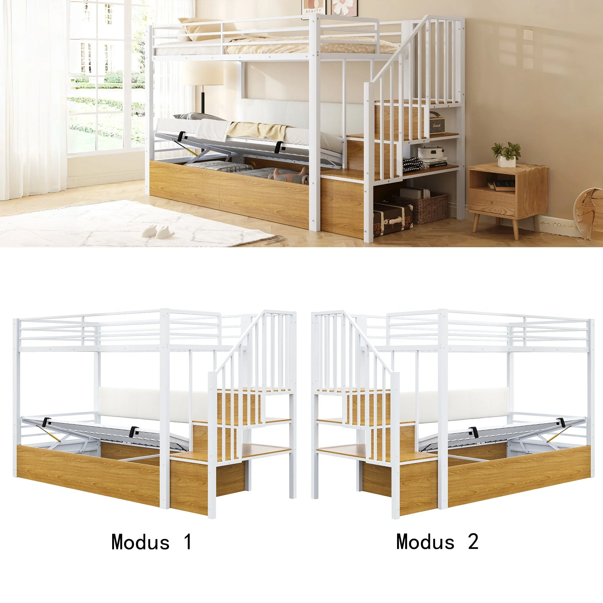 Iron Loft Bed with Padded PU Backrest and Hydraulic Function, 90x200cm, White - Image 4
