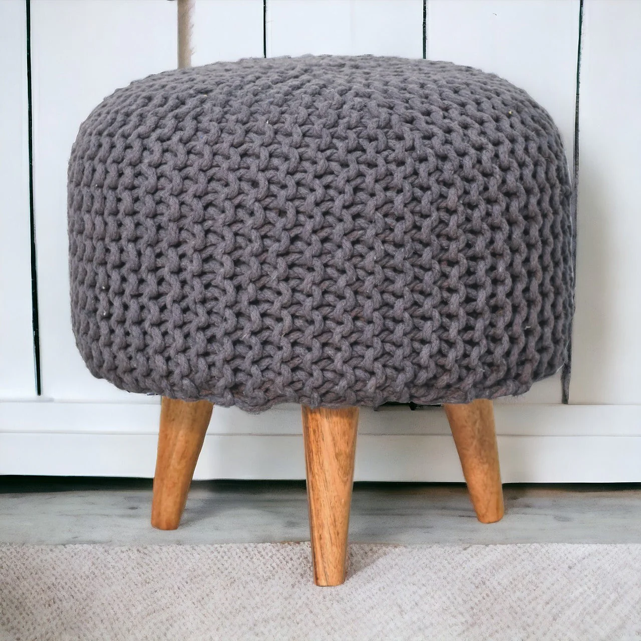 Keeva Round Upholstered Footstool, Solid Wood Grey