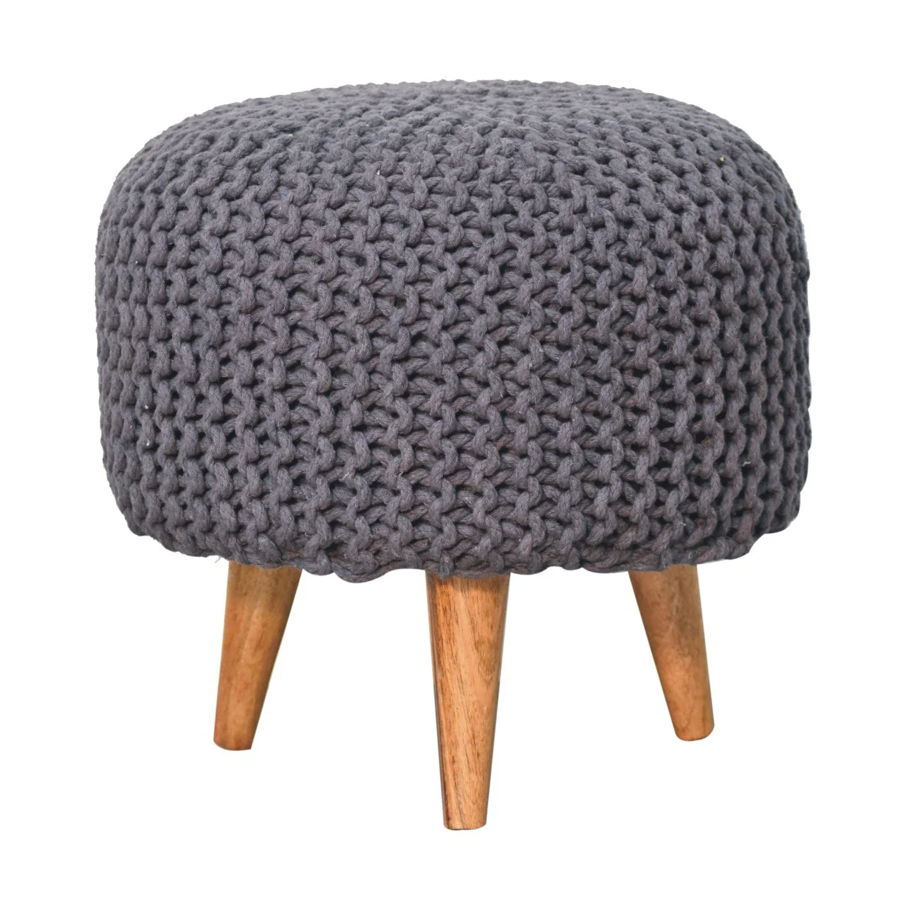 Keeva Round Upholstered Footstool, Solid Wood Grey - Image 2