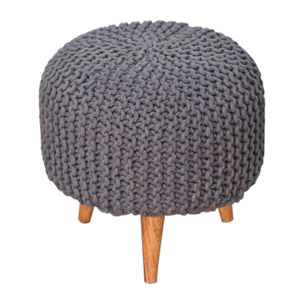 Keeva Round Upholstered Footstool, Solid Wood Grey - Image 4