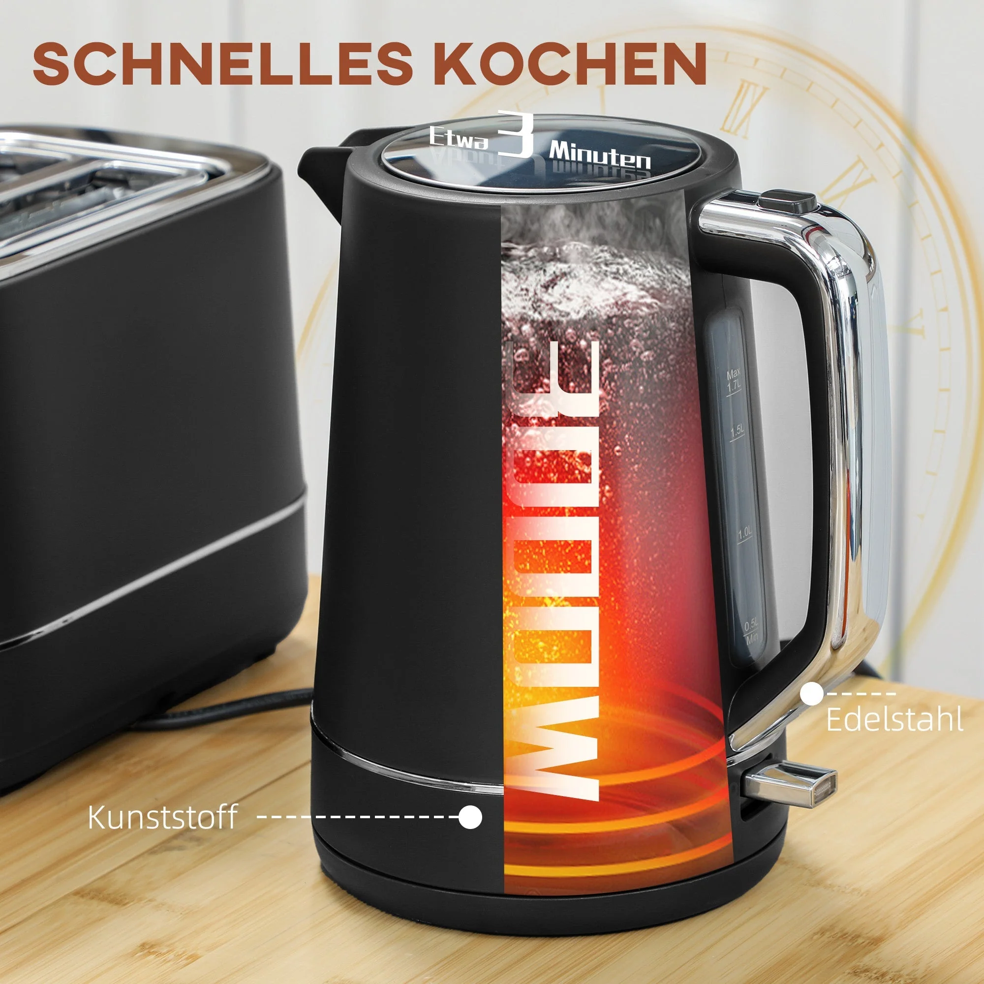 Kettle Toaster Set, 2200W 1.7L 2-Slice 6 Browning Levels, Black - Image 4