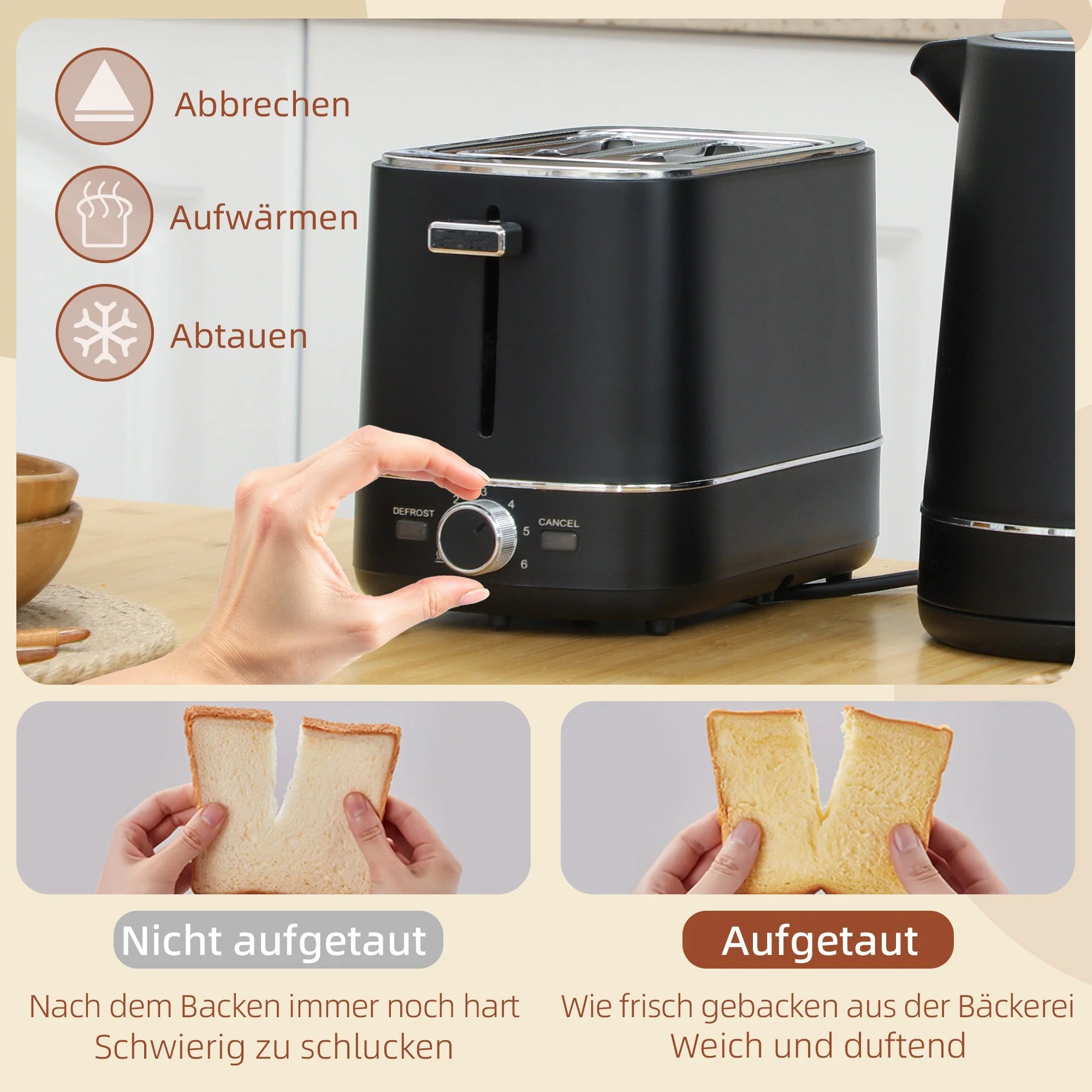 Kettle Toaster Set, 2200W 1.7L 2-Slice 6 Browning Levels, Black - Image 5