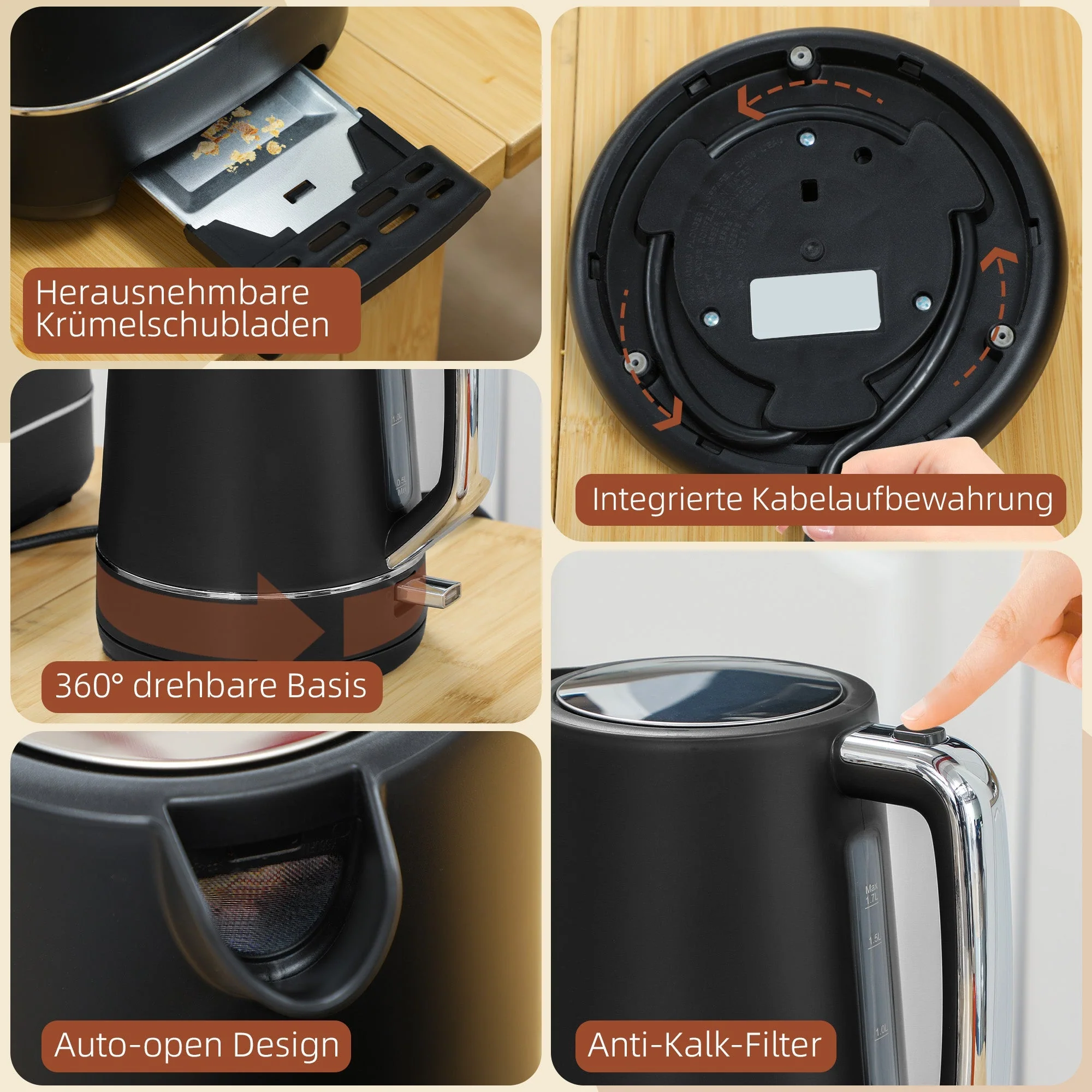 Kettle Toaster Set, 2200W 1.7L 2-Slice 6 Browning Levels, Black - Image 8