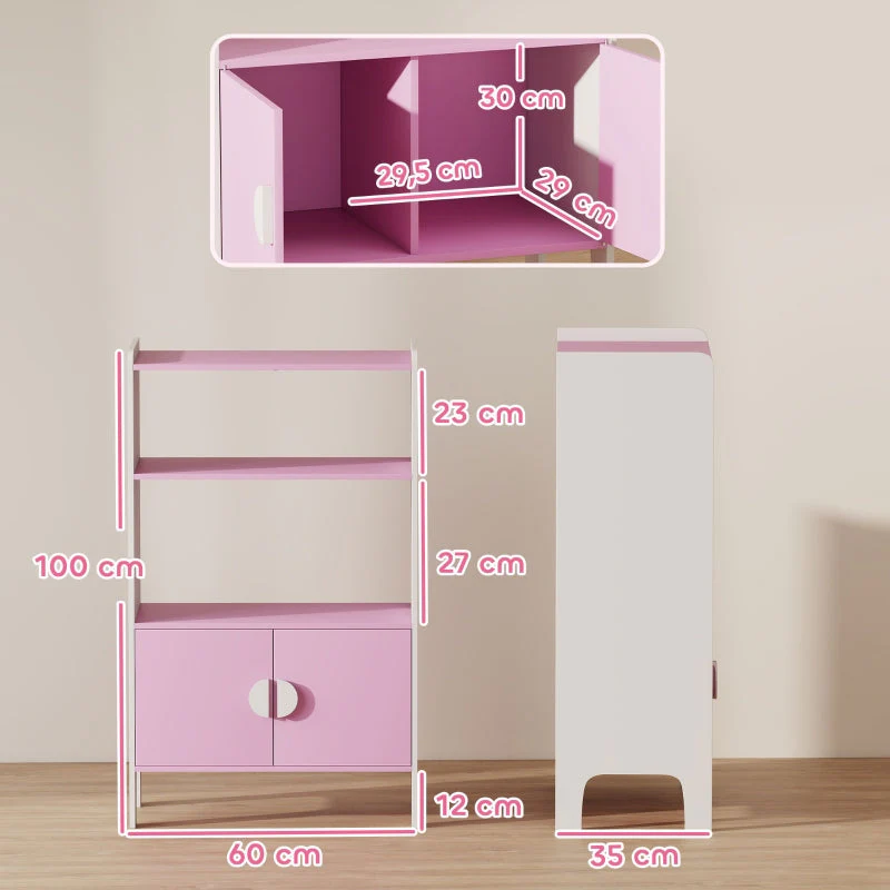 Kids Bookcase, 2 Shelves 2 Cabinets Freestanding, Pink+White MDF - Image 3
