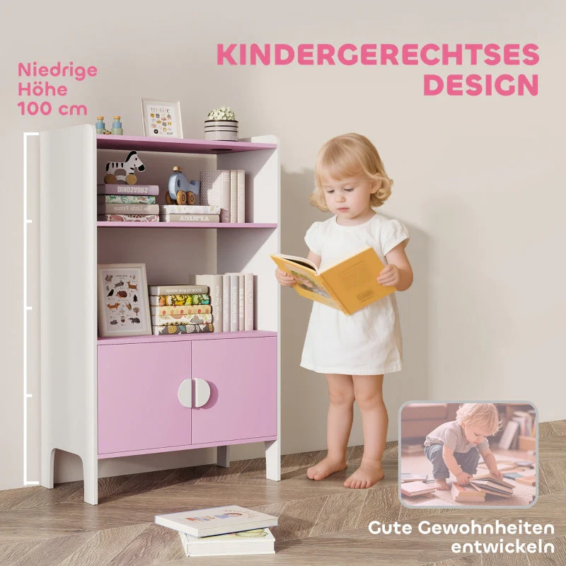 Kids Bookcase, 2 Shelves 2 Cabinets Freestanding, Pink+White MDF - Image 5
