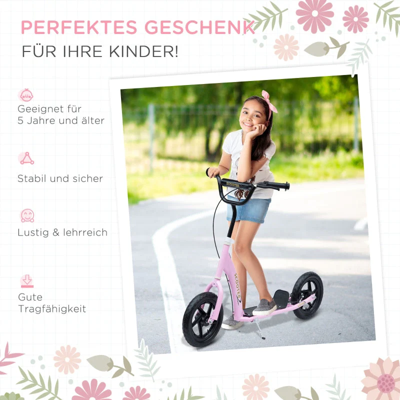 Kids Kick Scooter, 12-inch Wheels, Handbrake & Kickstand, Steel, Pink - Image 4