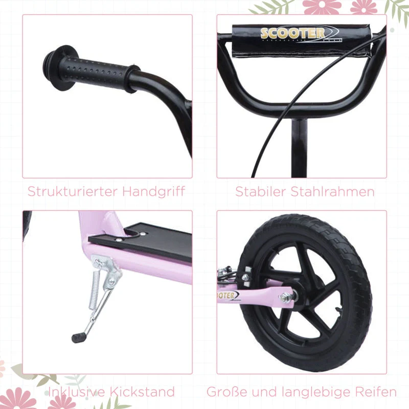 Kids Kick Scooter, 12-inch Wheels, Handbrake & Kickstand, Steel, Pink - Image 5