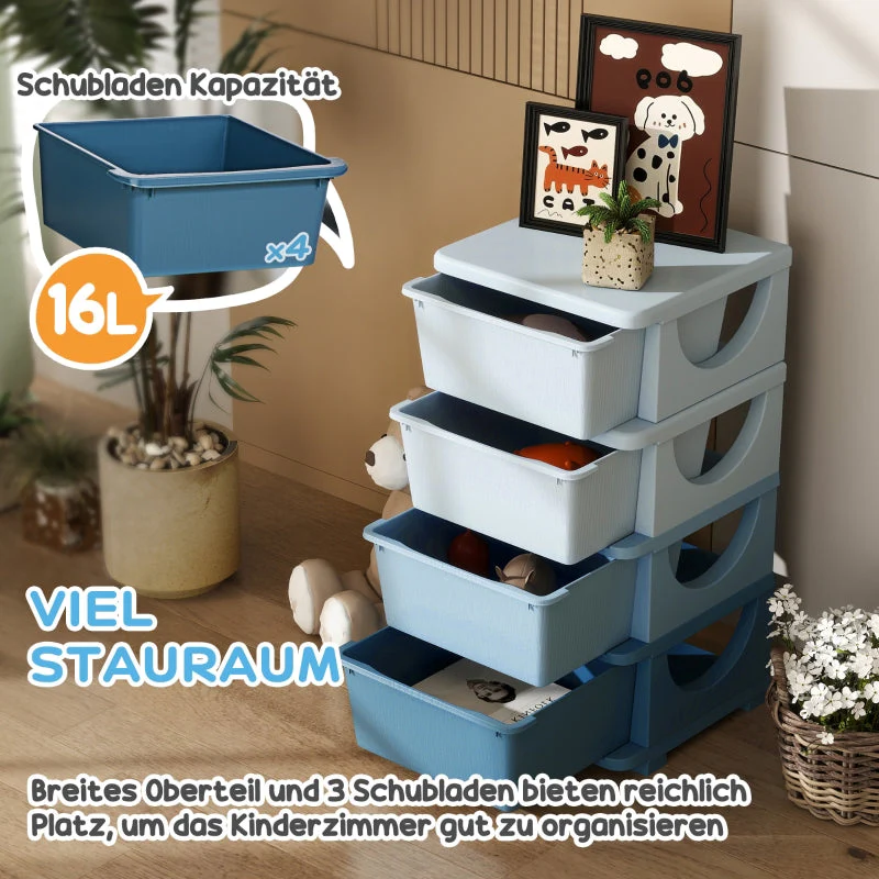 Kids' Storage Boxes, 4 Drawers, Rounded Edges, Plastic, Blue - Image 4