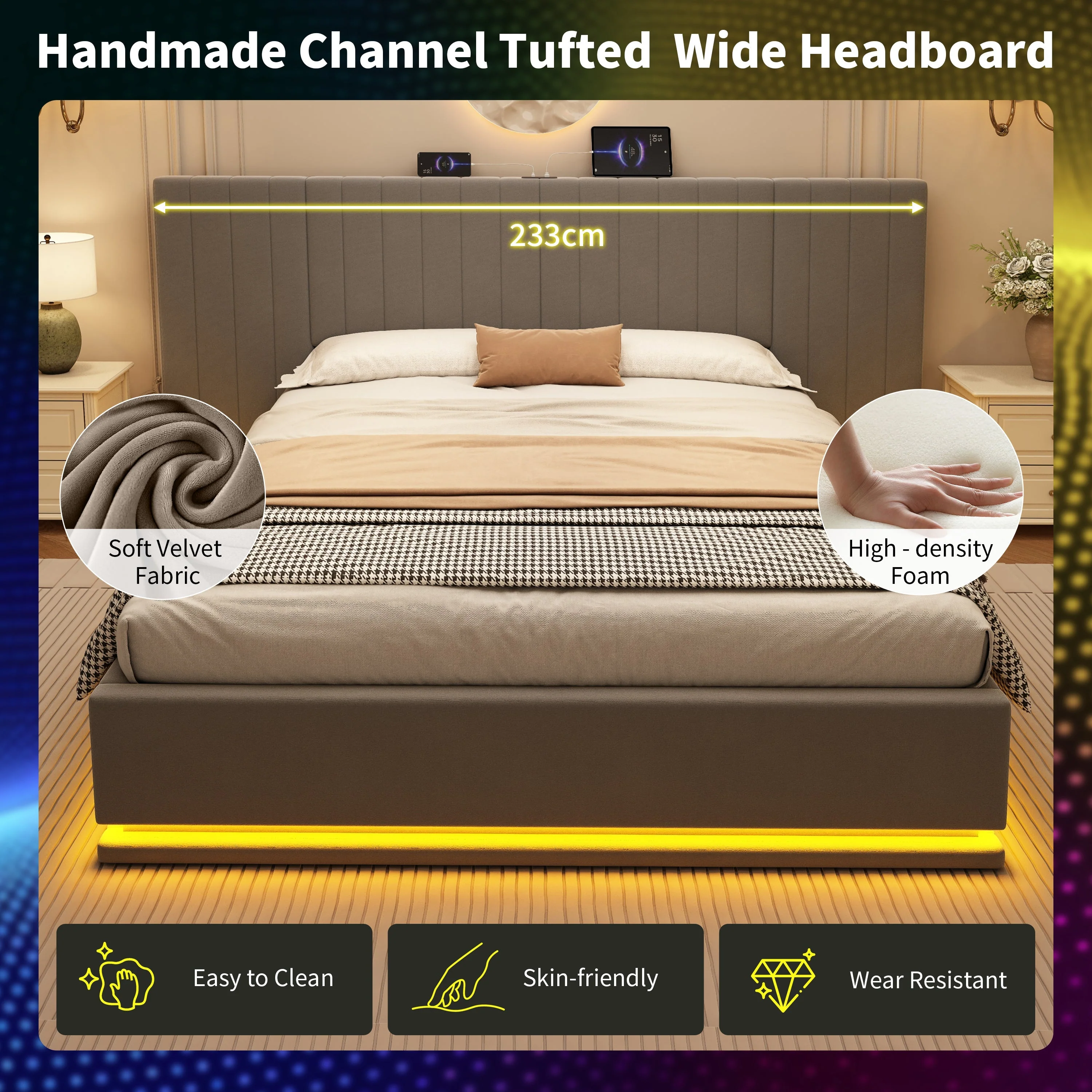 King Ottoman Bed with LED Storage and Charging Station, Velvet Grey - Image 6