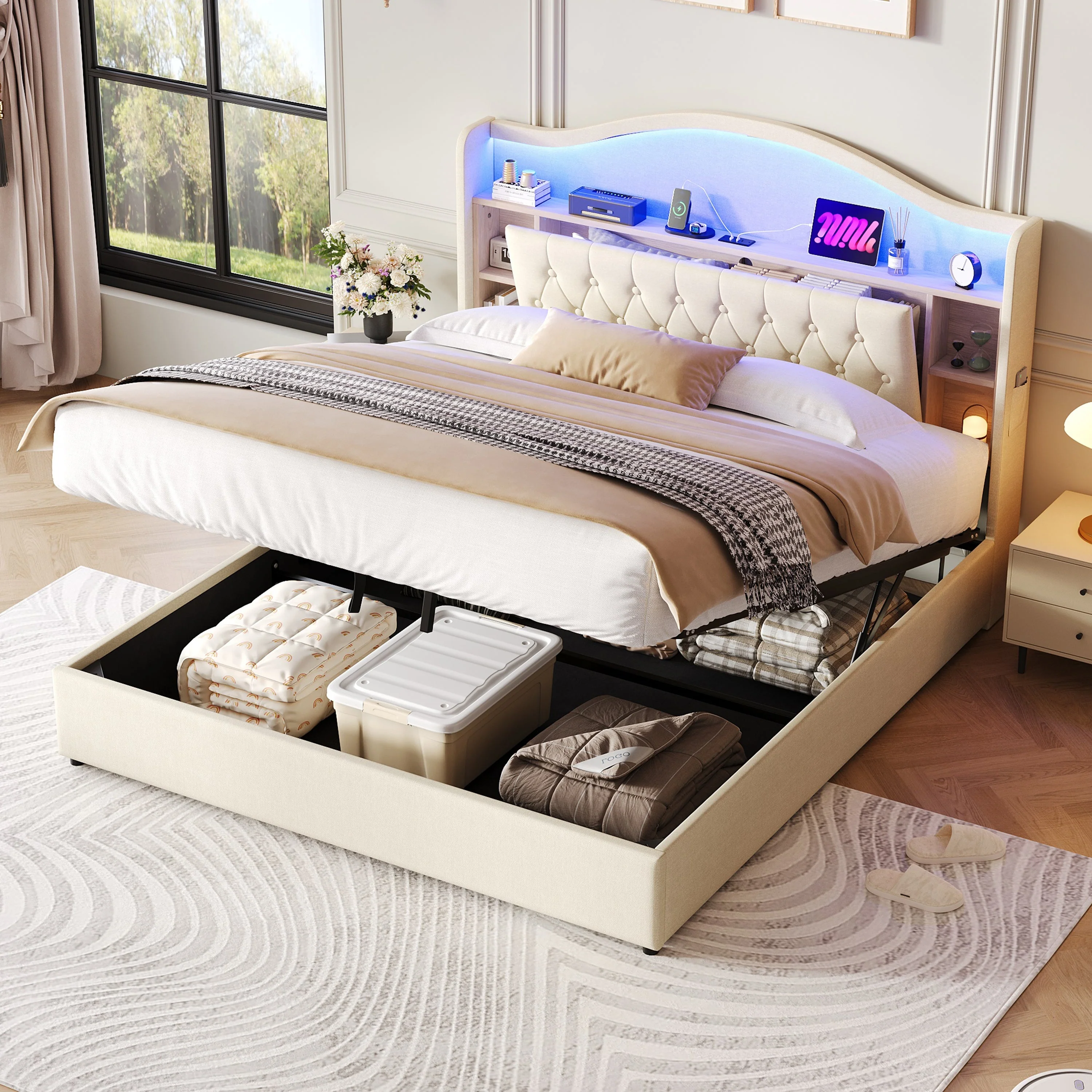 King Upholstered Bed Frame, Hydraulic Storage, LED Button Tufted Headboard w/ Charging Station, Linen Beige - Image 2