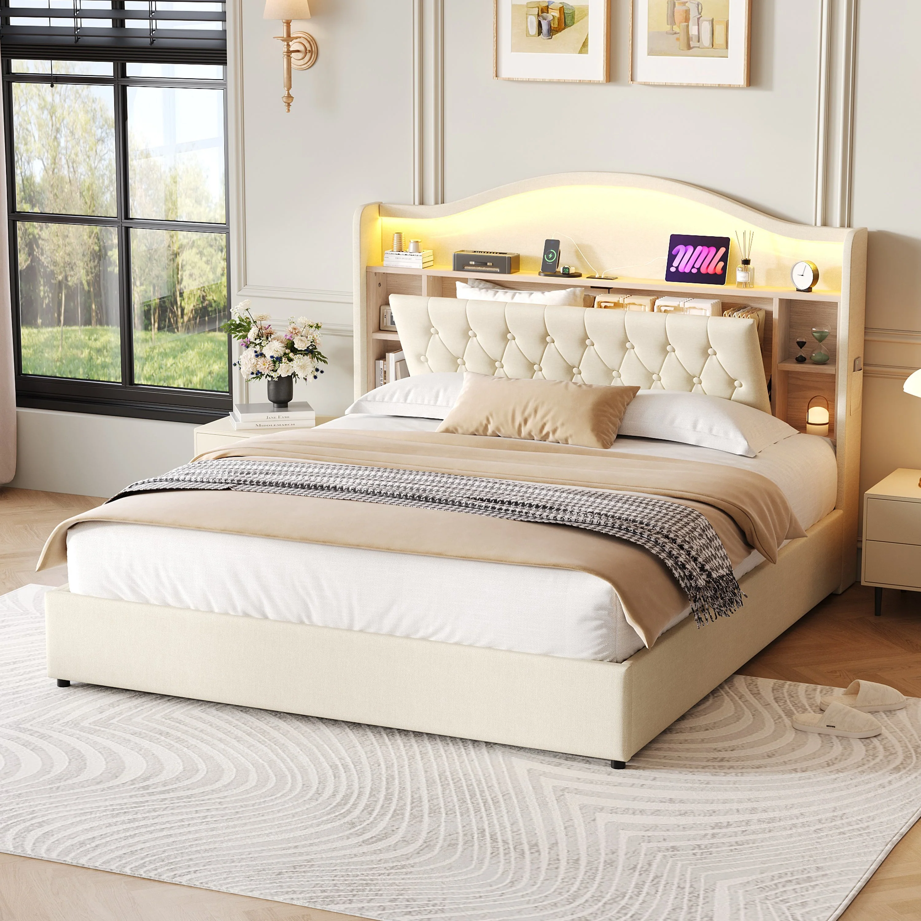 King Upholstered Bed Frame, Hydraulic Storage, LED Button Tufted Headboard w/ Charging Station, Linen Beige - Image 3