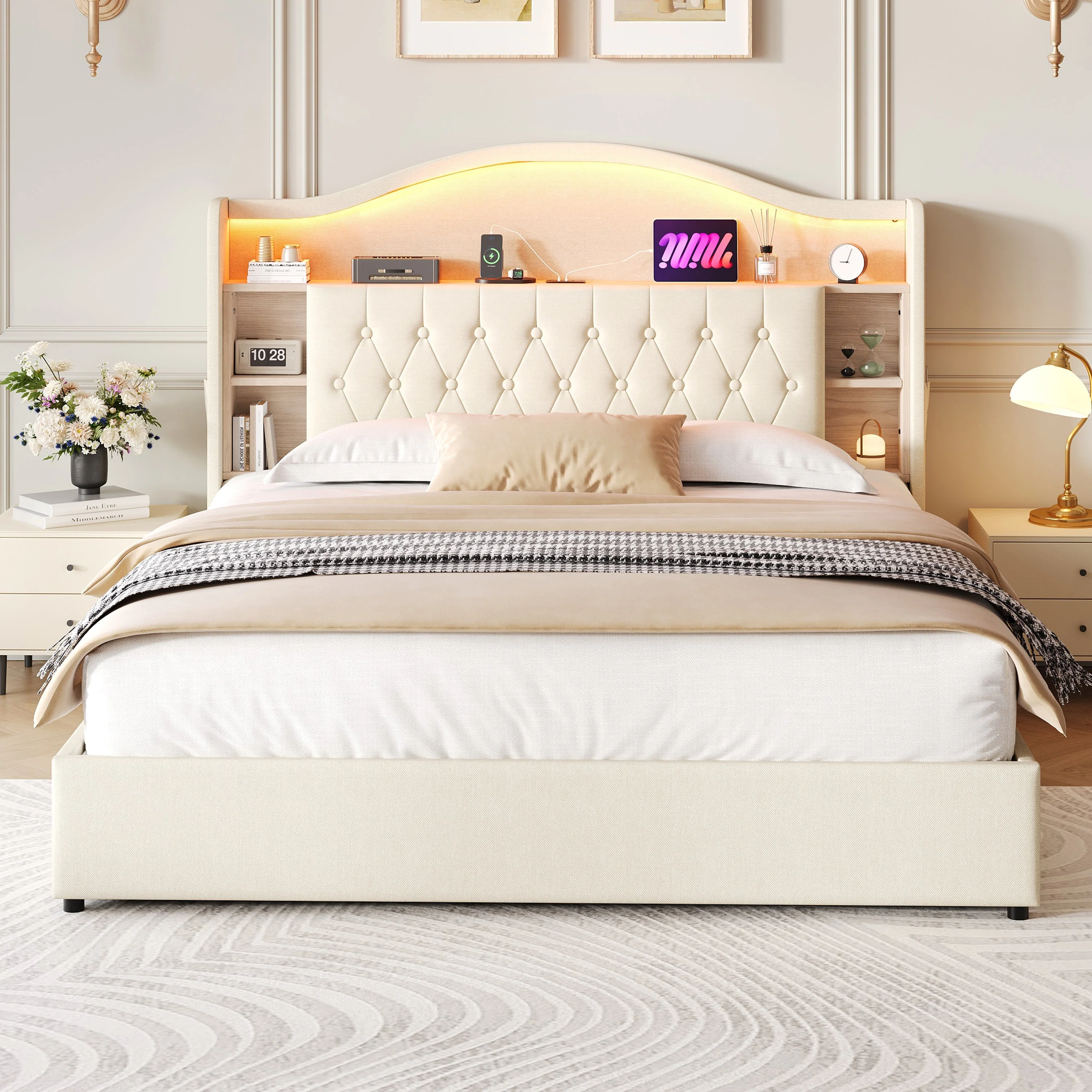 King Upholstered Bed Frame, Hydraulic Storage, LED Button Tufted Headboard w/ Charging Station, Linen Beige - Image 4