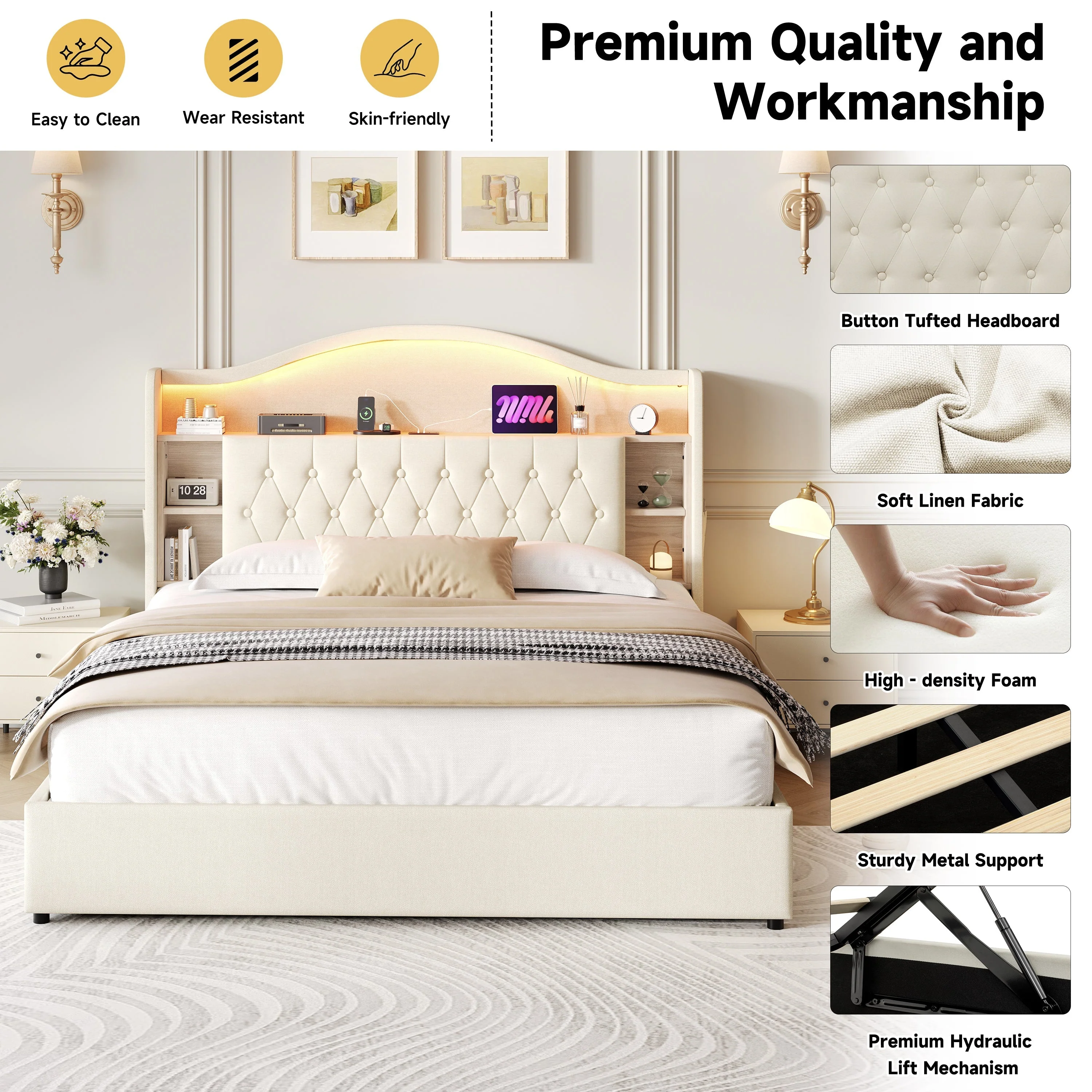 King Upholstered Bed Frame, Hydraulic Storage, LED Button Tufted Headboard w/ Charging Station, Linen Beige - Image 7