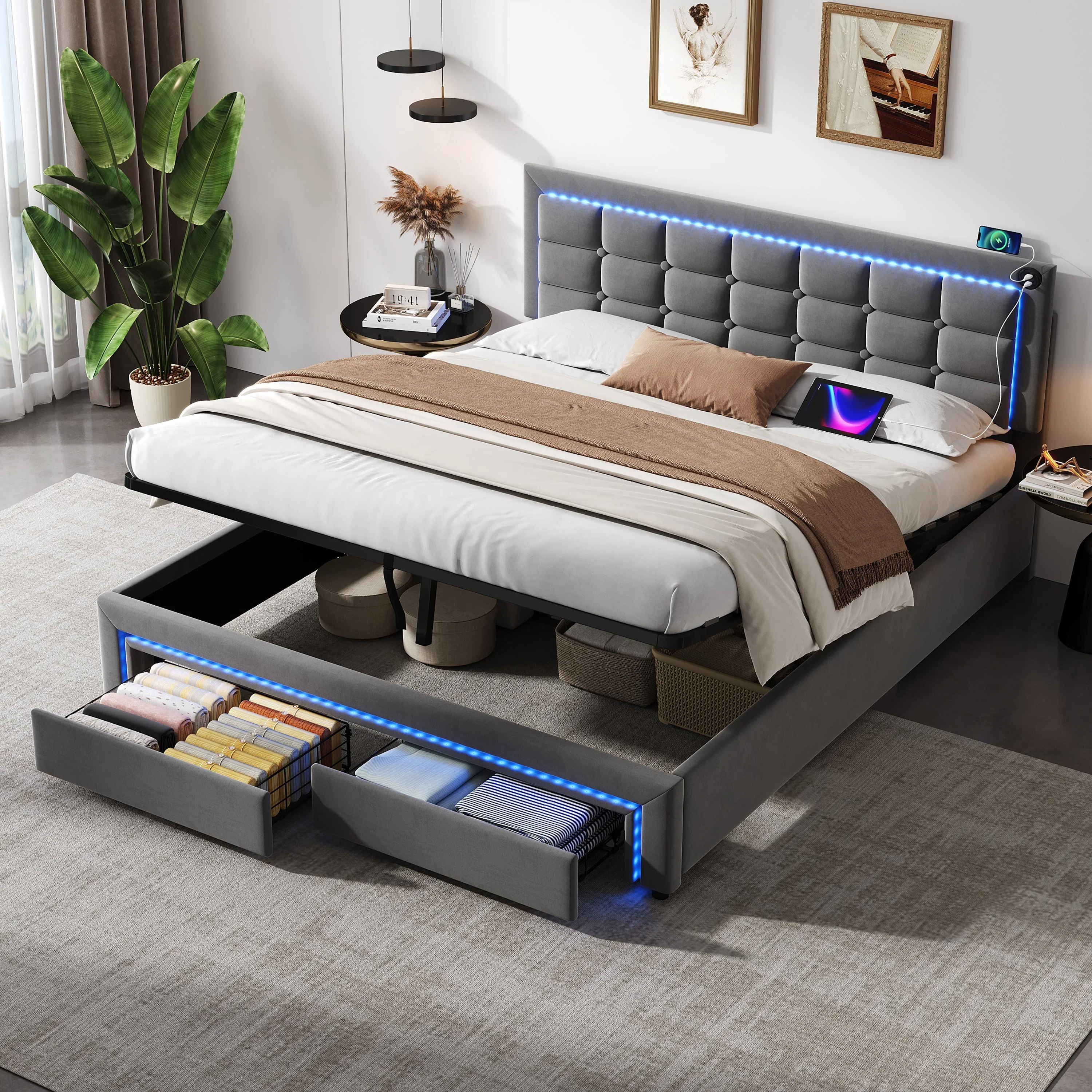 King Upholstered Bed Frame Hydraulic Storage LED Headboard Charging Station, Grey Velvet - Image 2