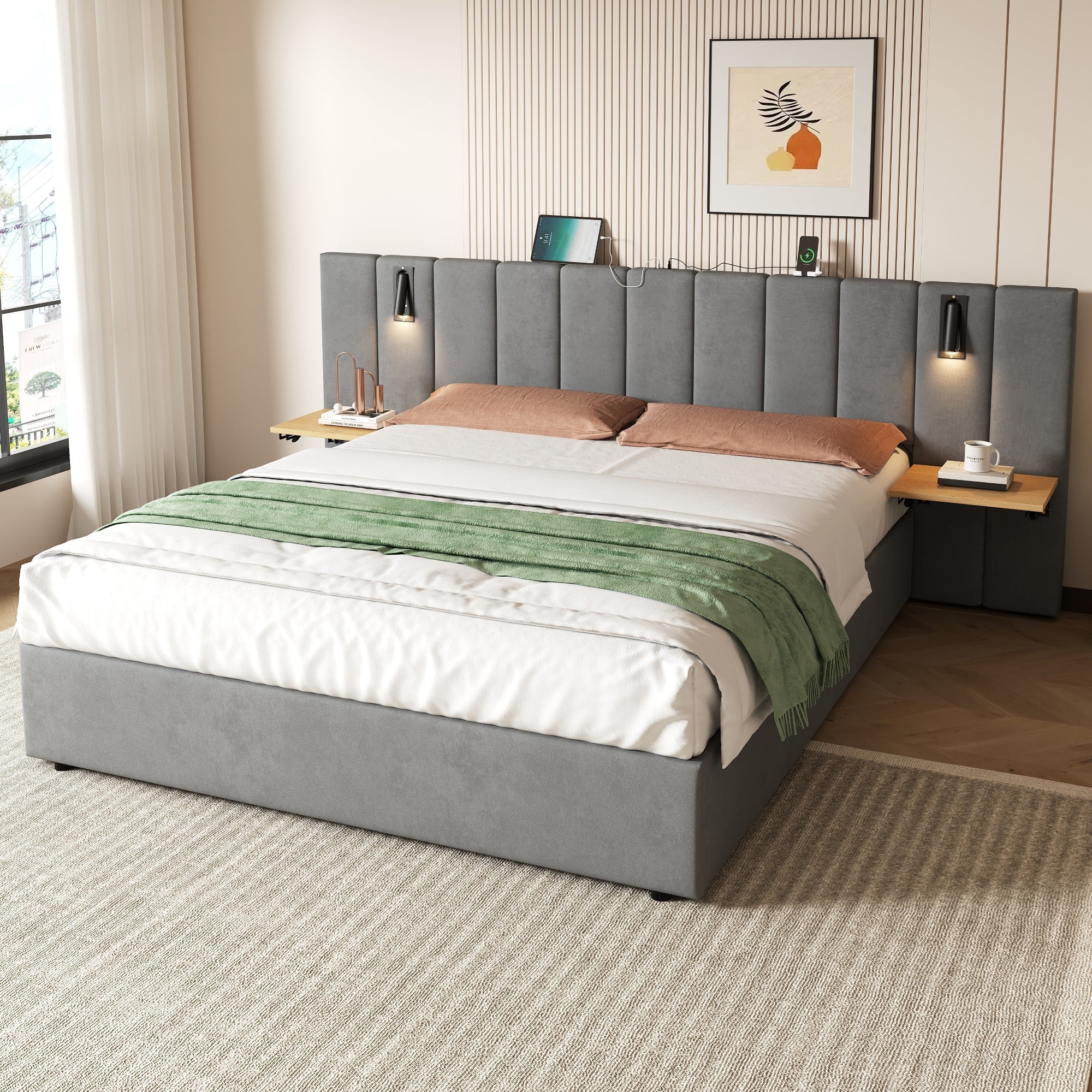 King Upholstered Bed with Charging Station, Hydraulic Storage, Reading Light, Grey Velvet - Image 2