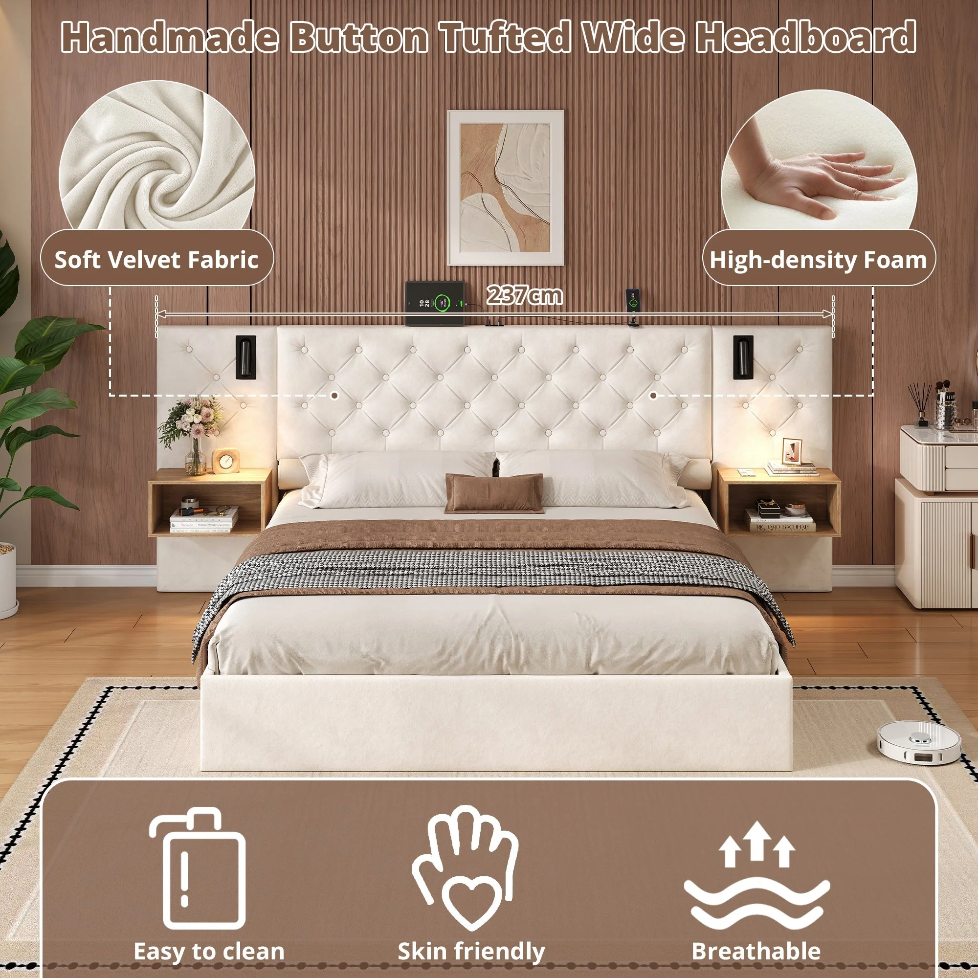 King Upholstered Bed with Charging Station, Reading Light, and Hydraulic Storage, Beige Velvet - Image 7