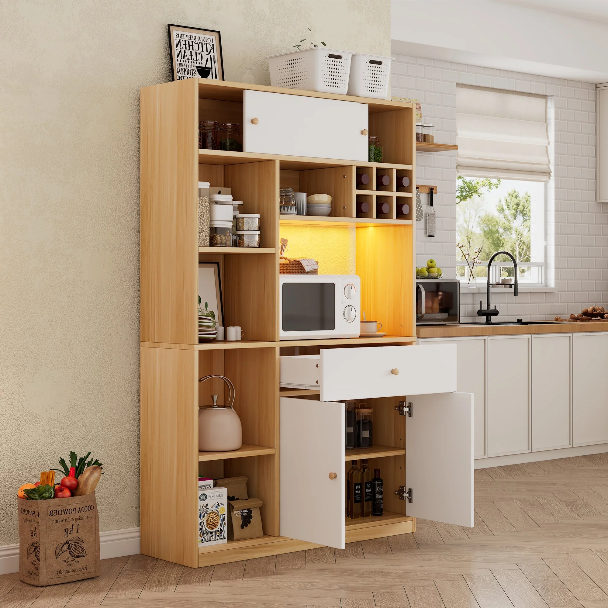 Kitchen Buffet Cabinet LED 1 Drawer 3 Doors Shelves 115x180cm - Image 10