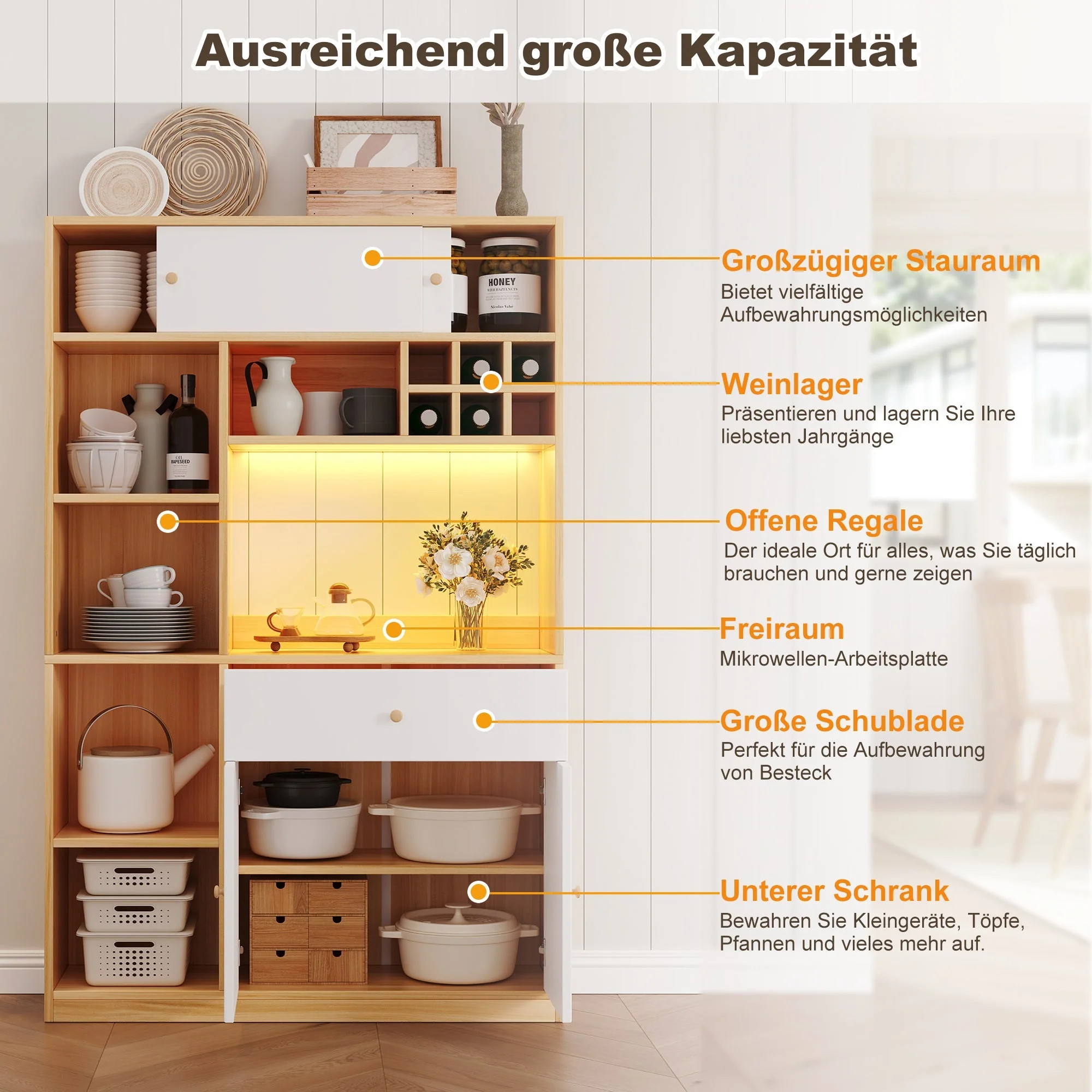 Kitchen Buffet Cabinet LED 1 Drawer 3 Doors Shelves 115x180cm - Image 6